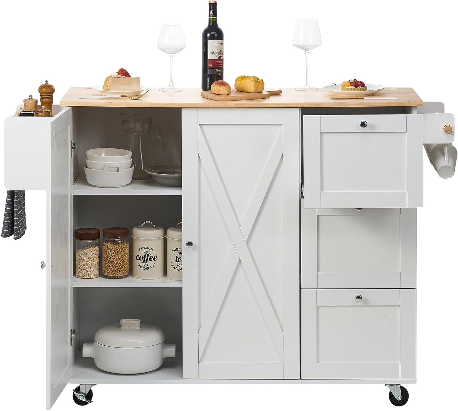 image:imageVEVOR Kitchen Island Cart 453x39 inch Rolling Kitchen Table Mobile Carts with Storage Cabinet and Solid Wood Top Portable Islands with Wheels Spice Rack Towel Rack Drop Leaf and Drawer White453 W Drop Leaf White