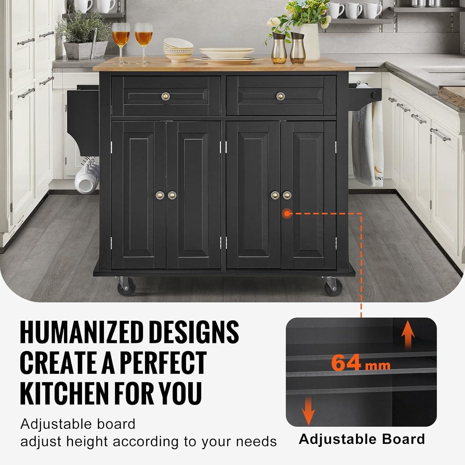 image:imageVEVOR Kitchen Island Cart 453x39 inch Rolling Kitchen Table Mobile Carts with Storage Cabinet and Solid Wood Top Portable Islands with Wheels Spice Rack Towel Rack Drop Leaf and Drawer White354 W Drop Leaf