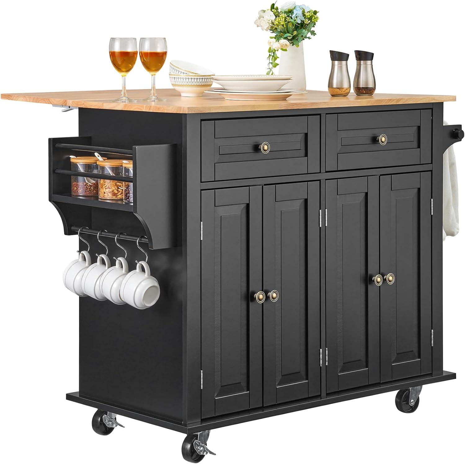 image:imageVEVOR Kitchen Island Cart 453x39 inch Rolling Kitchen Table Mobile Carts with Storage Cabinet and Solid Wood Top Portable Islands with Wheels Spice Rack Towel Rack Drop Leaf and Drawer White354 W Drop Leaf
