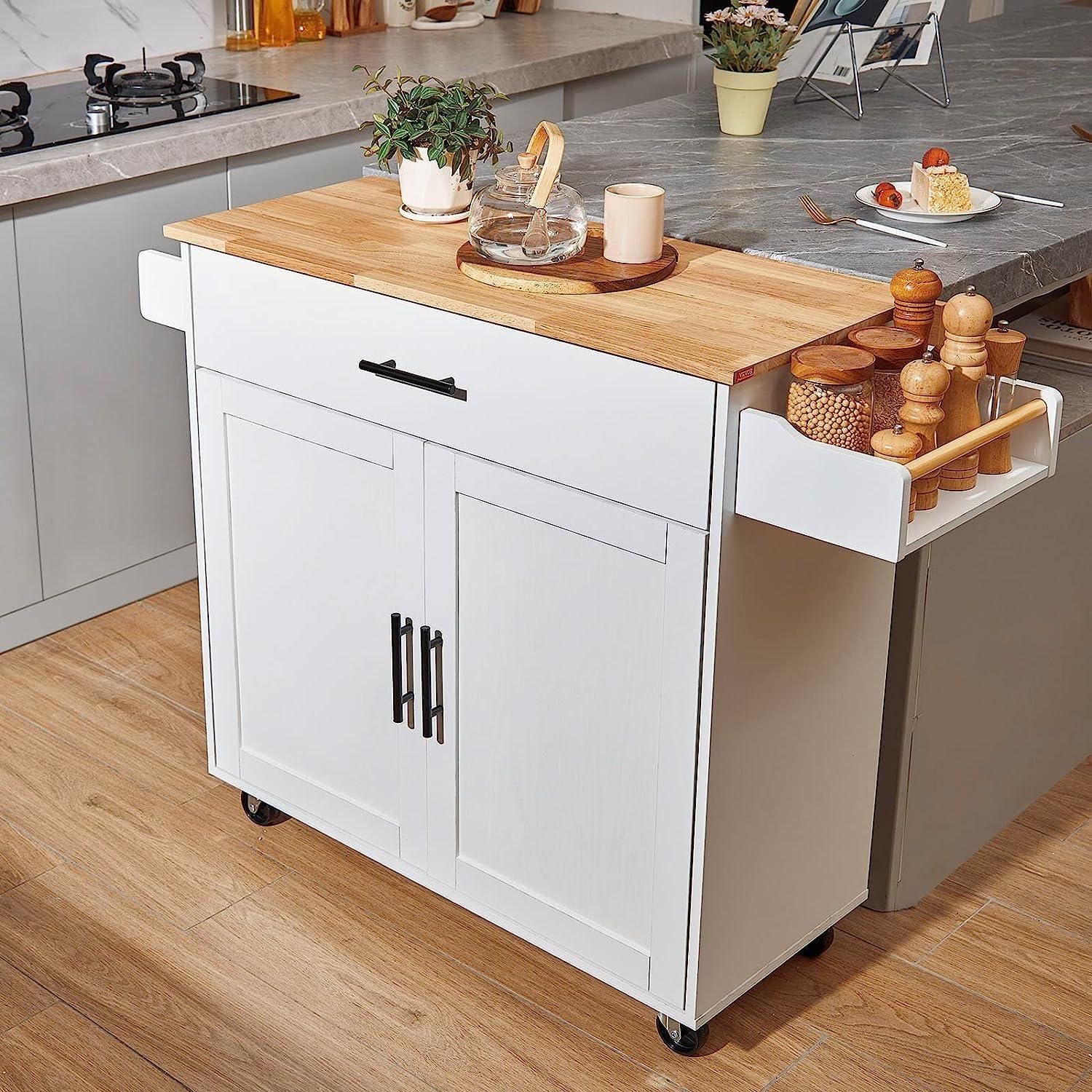 image:imageVEVOR Kitchen Island Cart 453x39 inch Rolling Kitchen Table Mobile Carts with Storage Cabinet and Solid Wood Top Portable Islands with Wheels Spice Rack Towel Rack Drop Leaf and Drawer White354 W Drop Leaf