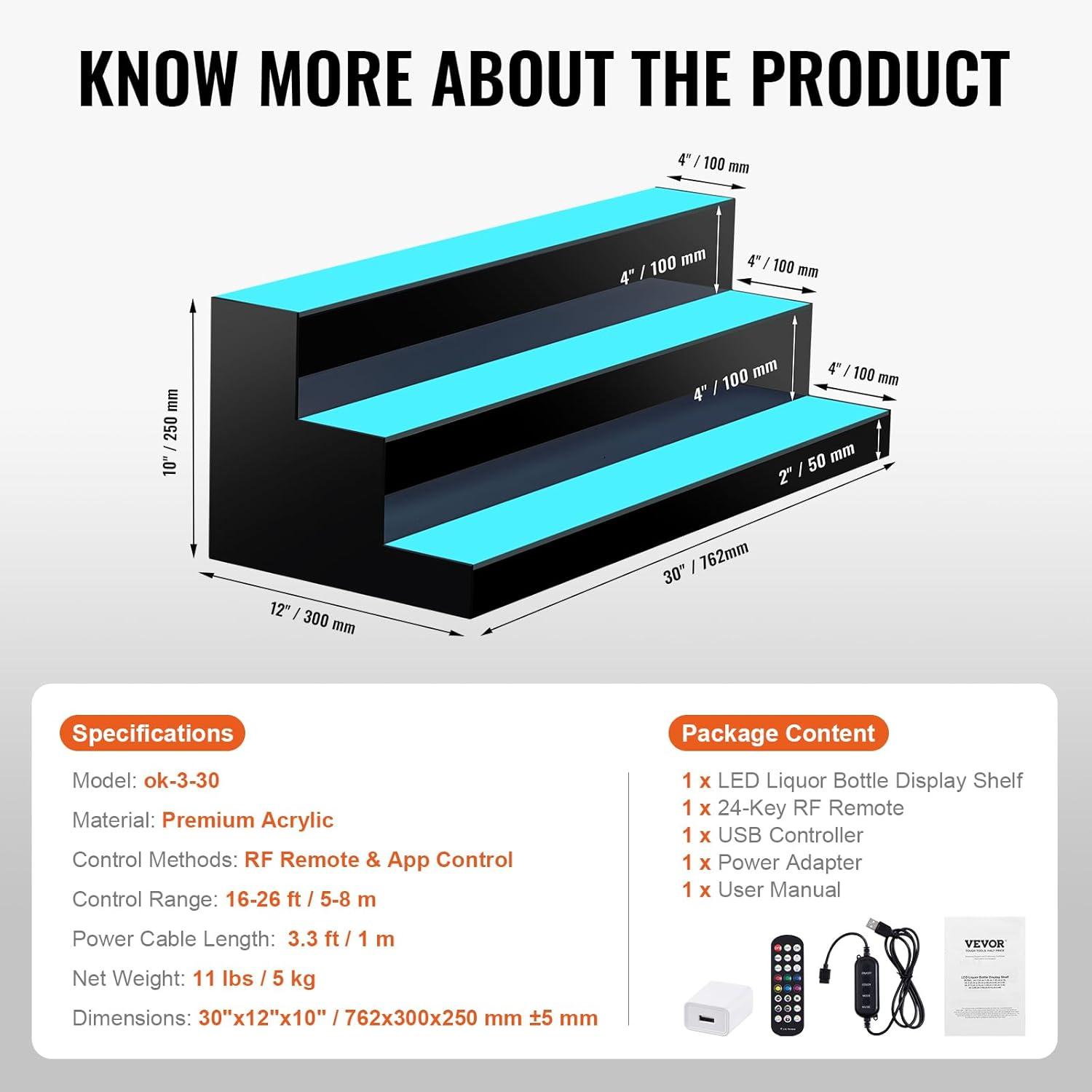 image:imageVEVOR LED Lighted Liquor Bottle Display 3 Tiers 40 Inches Supports USB Illuminated Home Bar Shelf with RF Remote amp App Control 7 Static Colors 14 H Timing Acrylic Lighted Shelf for 30 Bottles3 Tiers 30 Inches