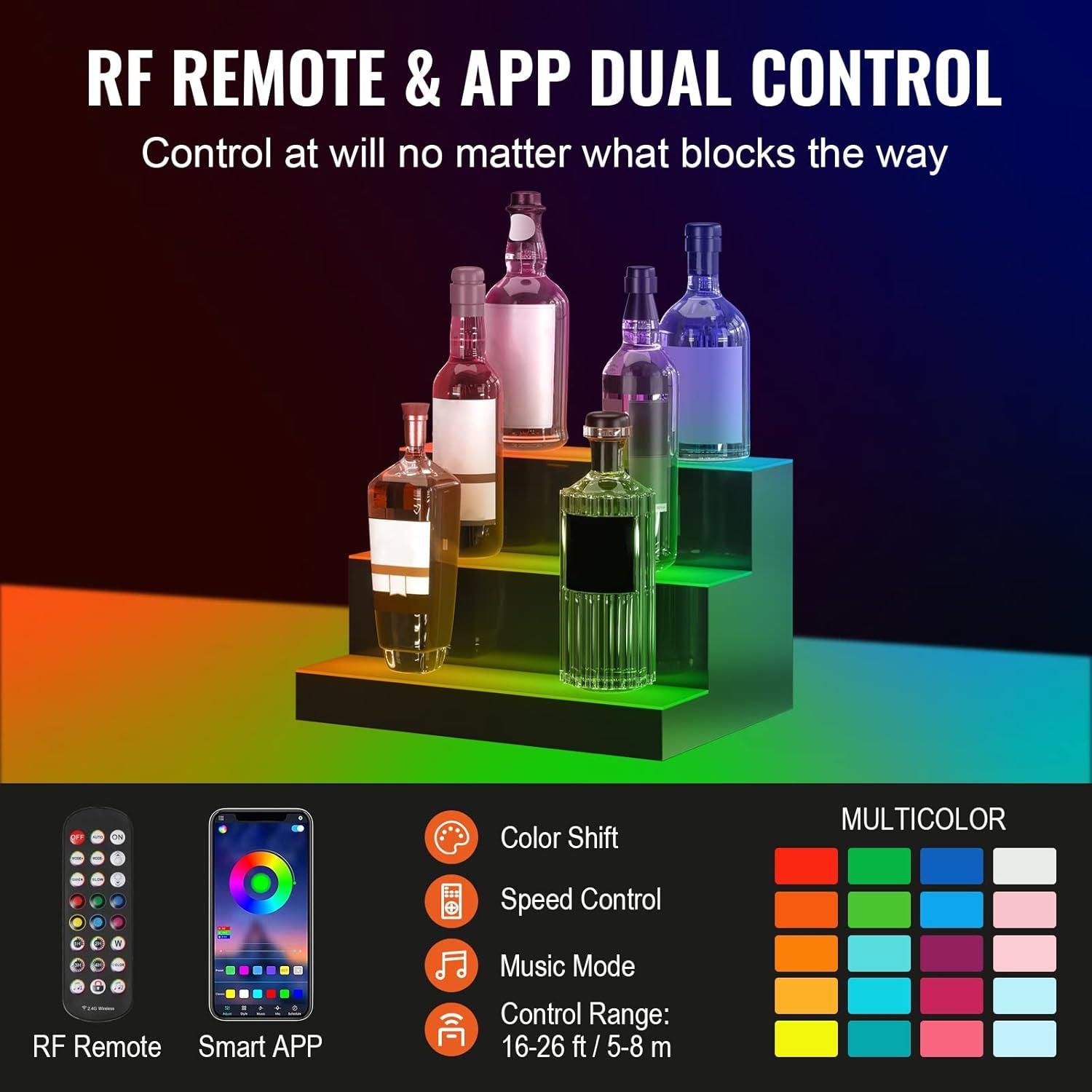 image:imageVEVOR LED Lighted Liquor Bottle Display 3 Tiers 40 Inches Supports USB Illuminated Home Bar Shelf with RF Remote amp App Control 7 Static Colors 14 H Timing Acrylic Lighted Shelf for 30 Bottles3 Tiers 16 Inches