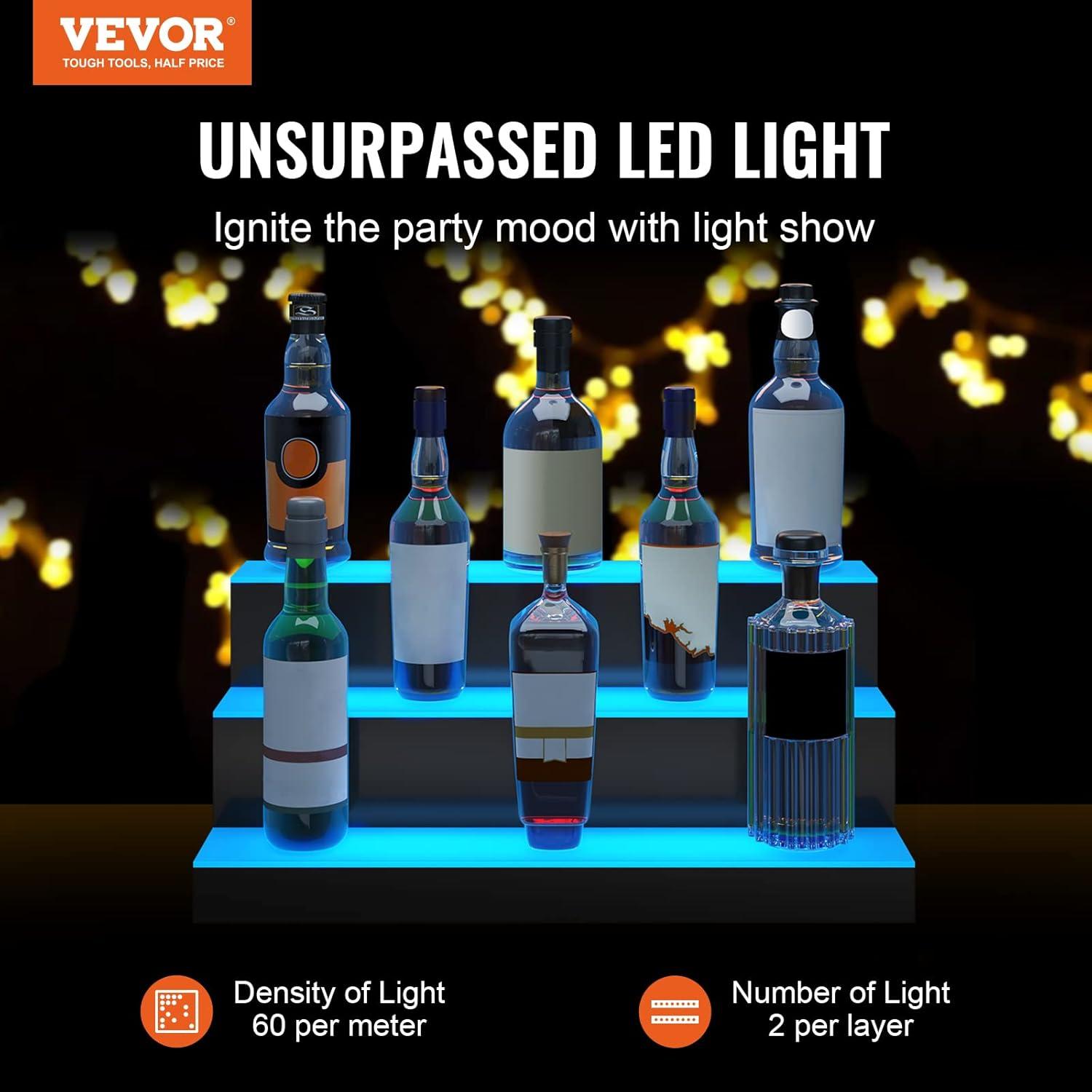 image:imageVEVOR LED Lighted Liquor Bottle Display 3 Tiers 40 Inches Supports USB Illuminated Home Bar Shelf with RF Remote amp App Control 7 Static Colors 14 H Timing Acrylic Lighted Shelf for 30 Bottles3 Tiers 24 Inches