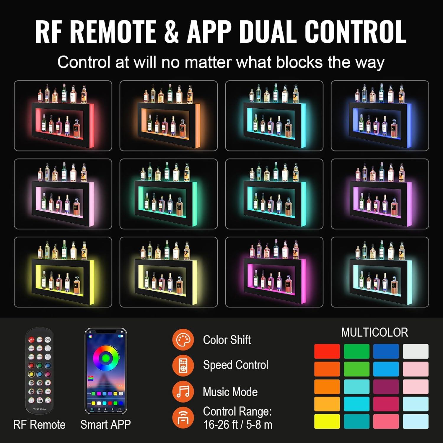 image:imageVEVOR LED Lighted Liquor Bottle Display 3 Tiers 40 Inches Supports USB Illuminated Home Bar Shelf with RF Remote amp App Control 7 Static Colors 14 H Timing Acrylic Lighted Shelf for 30 Bottles2 Tiers 48 Inches