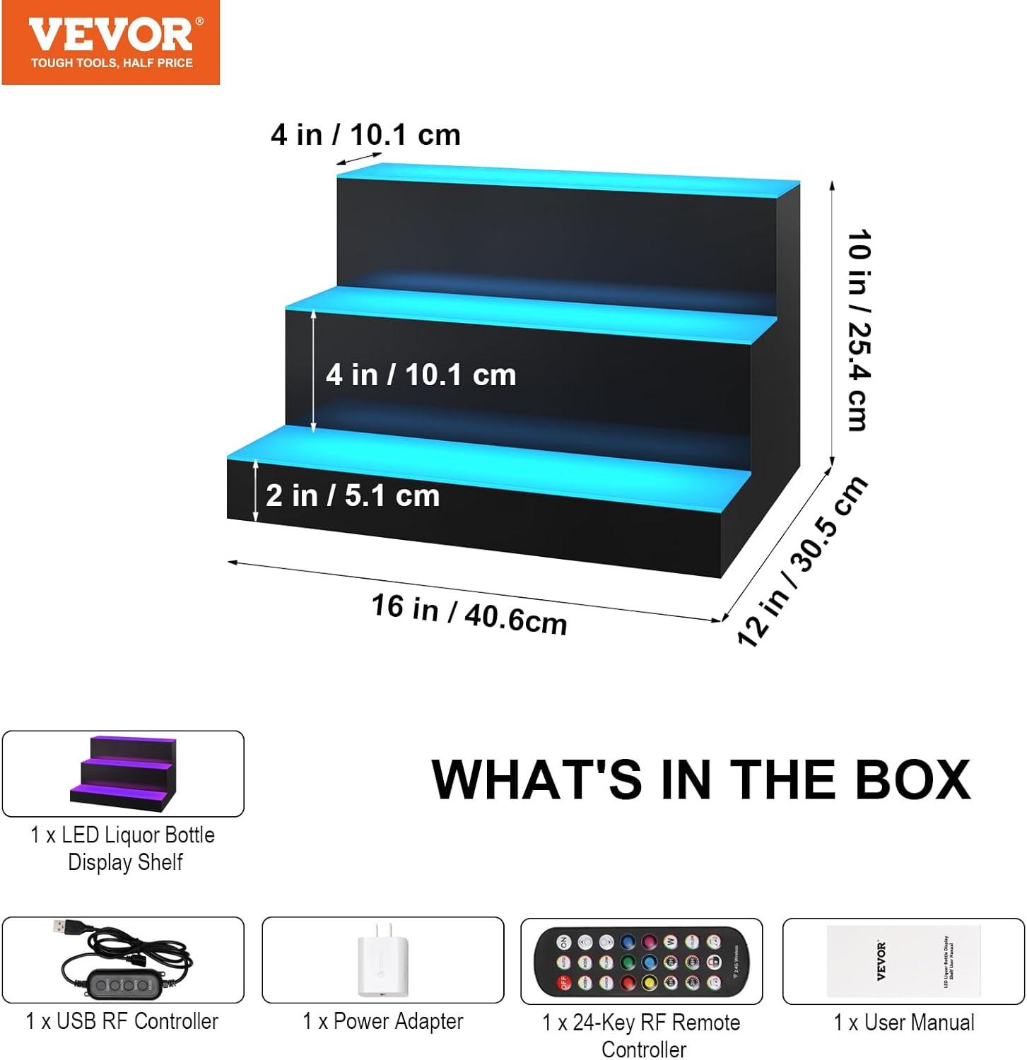 image:imageVEVOR LED Lighted Liquor Bottle Display 3 Tiers 40 Inches Supports USB Illuminated Home Bar Shelf with RF Remote amp App Control 7 Static Colors 14 H Timing Acrylic Lighted Shelf for 30 Bottles3 Tiers 16 Inches