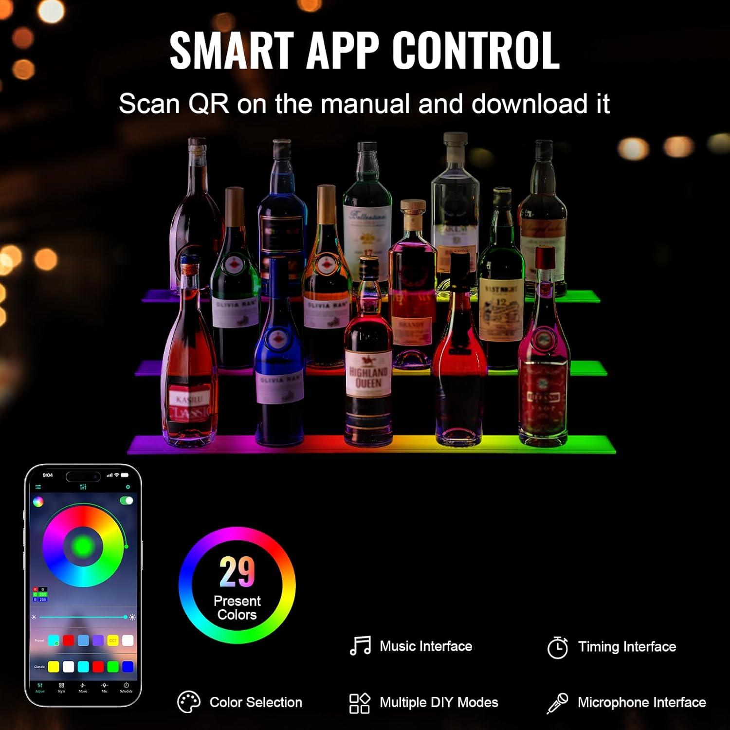 image:imageVEVOR LED Lighted Liquor Bottle Display 3 Tiers 40 Inches Supports USB Illuminated Home Bar Shelf with RF Remote amp App Control 7 Static Colors 14 H Timing Acrylic Lighted Shelf for 30 Bottles3 Tiers 30 Inches
