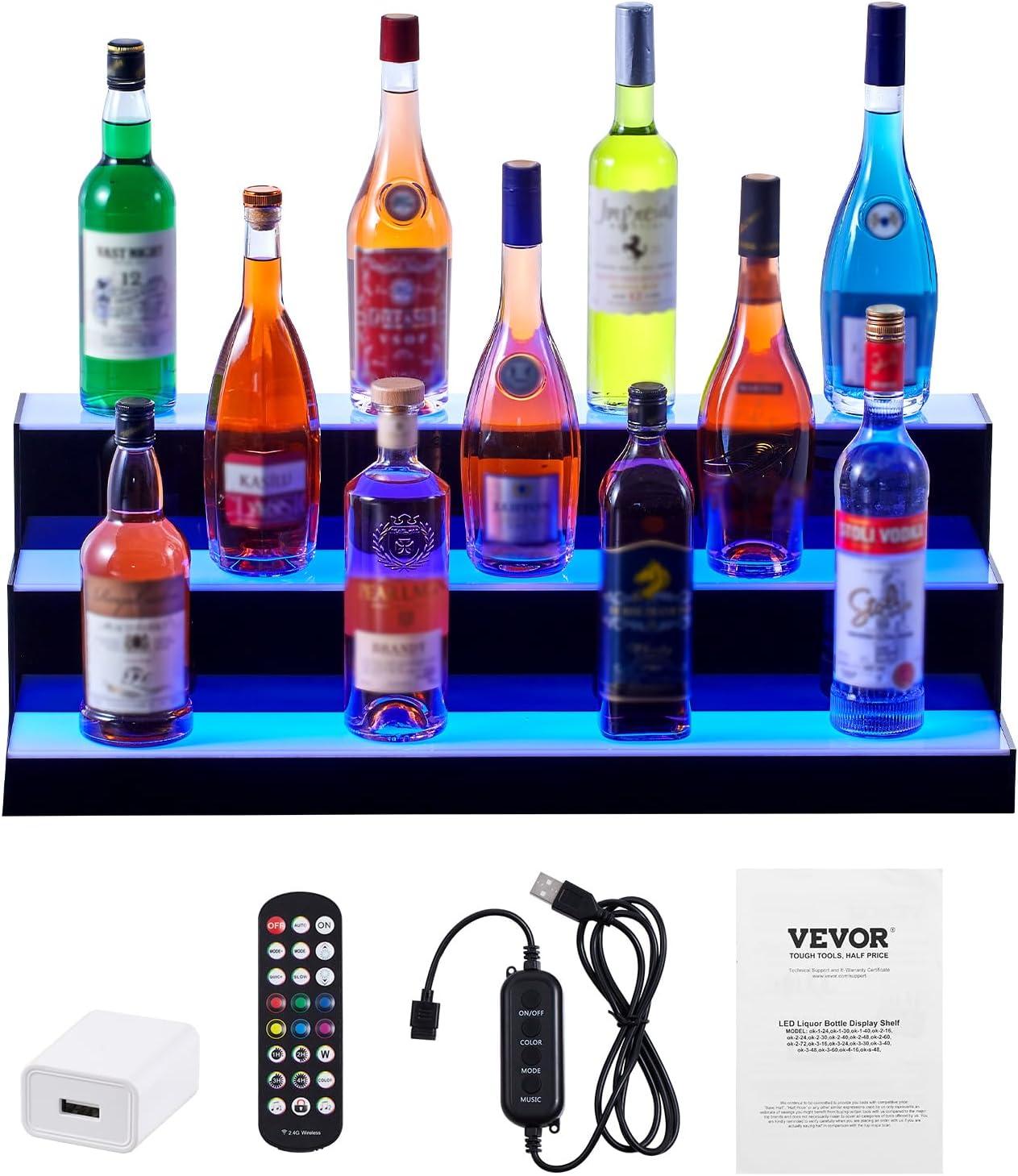 image:imageVEVOR LED Lighted Liquor Bottle Display 3 Tiers 40 Inches Supports USB Illuminated Home Bar Shelf with RF Remote amp App Control 7 Static Colors 14 H Timing Acrylic Lighted Shelf for 30 Bottles3 Tiers 30 Inches
