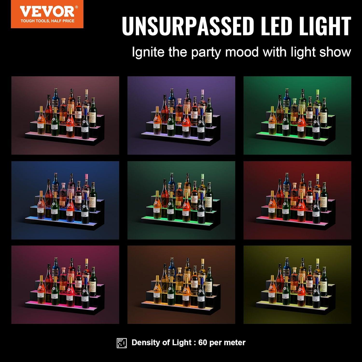 image:imageVEVOR LED Lighted Liquor Bottle Display 3 Tiers 40 Inches Supports USB Illuminated Home Bar Shelf with RF Remote amp App Control 7 Static Colors 14 H Timing Acrylic Lighted Shelf for 30 Bottles3 Tiers 30 Inches