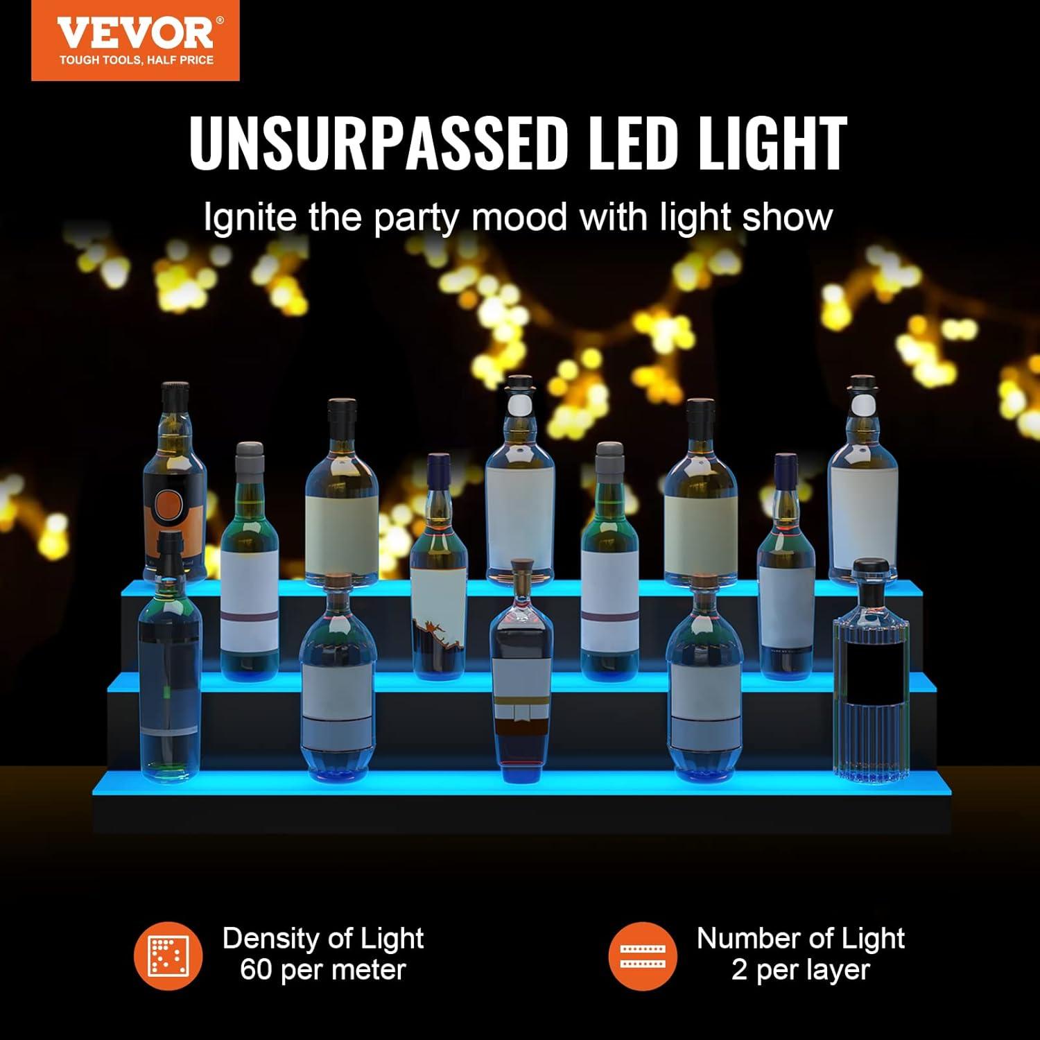 image:imageVEVOR LED Lighted Liquor Bottle Display 3 Tiers 40 Inches Supports USB Illuminated Home Bar Shelf with RF Remote amp App Control 7 Static Colors 14 H Timing Acrylic Lighted Shelf for 30 Bottles3 Tiers 40 Inches