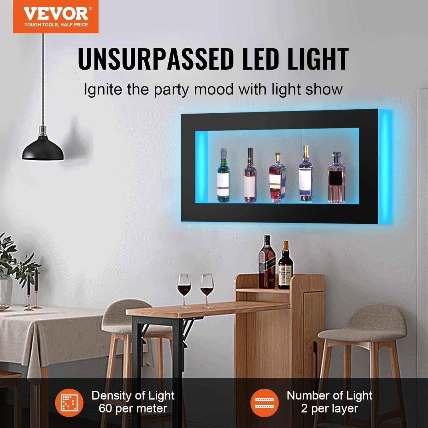 image:imageVEVOR LED Lighted Liquor Bottle Display 3 Tiers 40 Inches Supports USB Illuminated Home Bar Shelf with RF Remote amp App Control 7 Static Colors 14 H Timing Acrylic Lighted Shelf for 30 Bottles2 Tiers 48 Inches