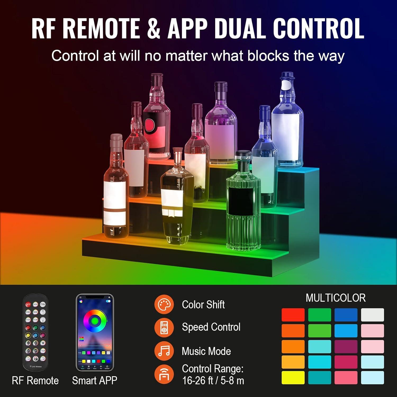image:imageVEVOR LED Lighted Liquor Bottle Display 3 Tiers 40 Inches Supports USB Illuminated Home Bar Shelf with RF Remote amp App Control 7 Static Colors 14 H Timing Acrylic Lighted Shelf for 30 Bottles3 Tiers 24 Inches