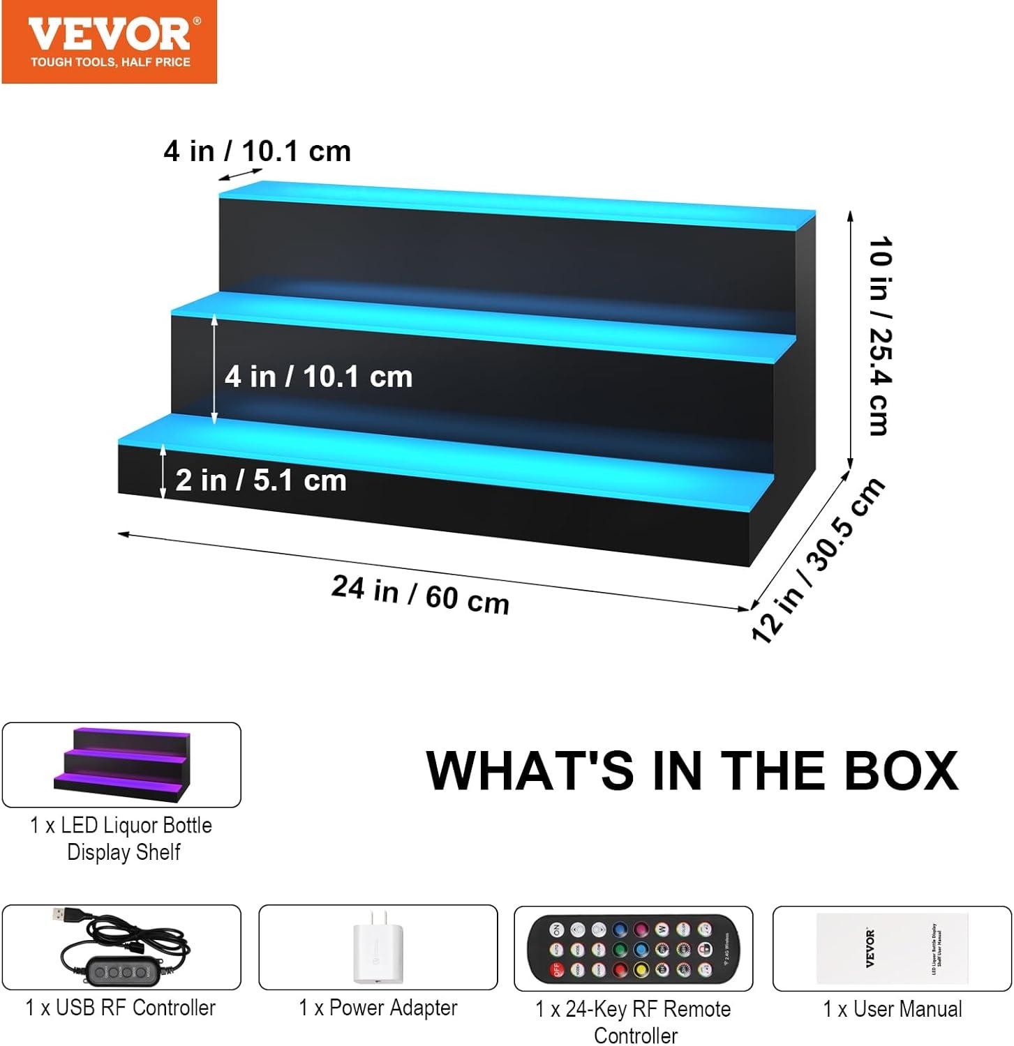 image:imageVEVOR LED Lighted Liquor Bottle Display 3 Tiers 40 Inches Supports USB Illuminated Home Bar Shelf with RF Remote amp App Control 7 Static Colors 14 H Timing Acrylic Lighted Shelf for 30 Bottles3 Tiers 24 Inches