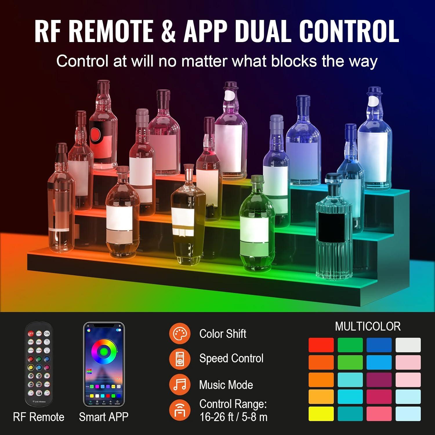 image:imageVEVOR LED Lighted Liquor Bottle Display 3 Tiers 40 Inches Supports USB Illuminated Home Bar Shelf with RF Remote amp App Control 7 Static Colors 14 H Timing Acrylic Lighted Shelf for 30 Bottles3 Tiers 40 Inches
