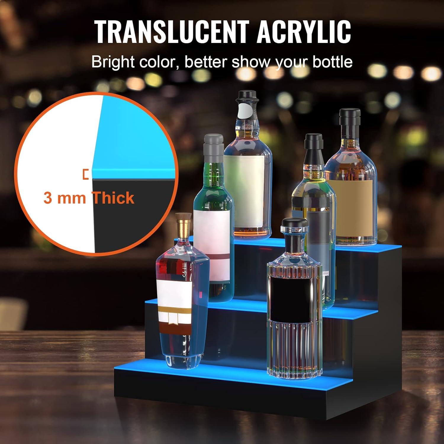 image:imageVEVOR LED Lighted Liquor Bottle Display 3 Tiers 40 Inches Supports USB Illuminated Home Bar Shelf with RF Remote amp App Control 7 Static Colors 14 H Timing Acrylic Lighted Shelf for 30 Bottles3 Tiers 16 Inches