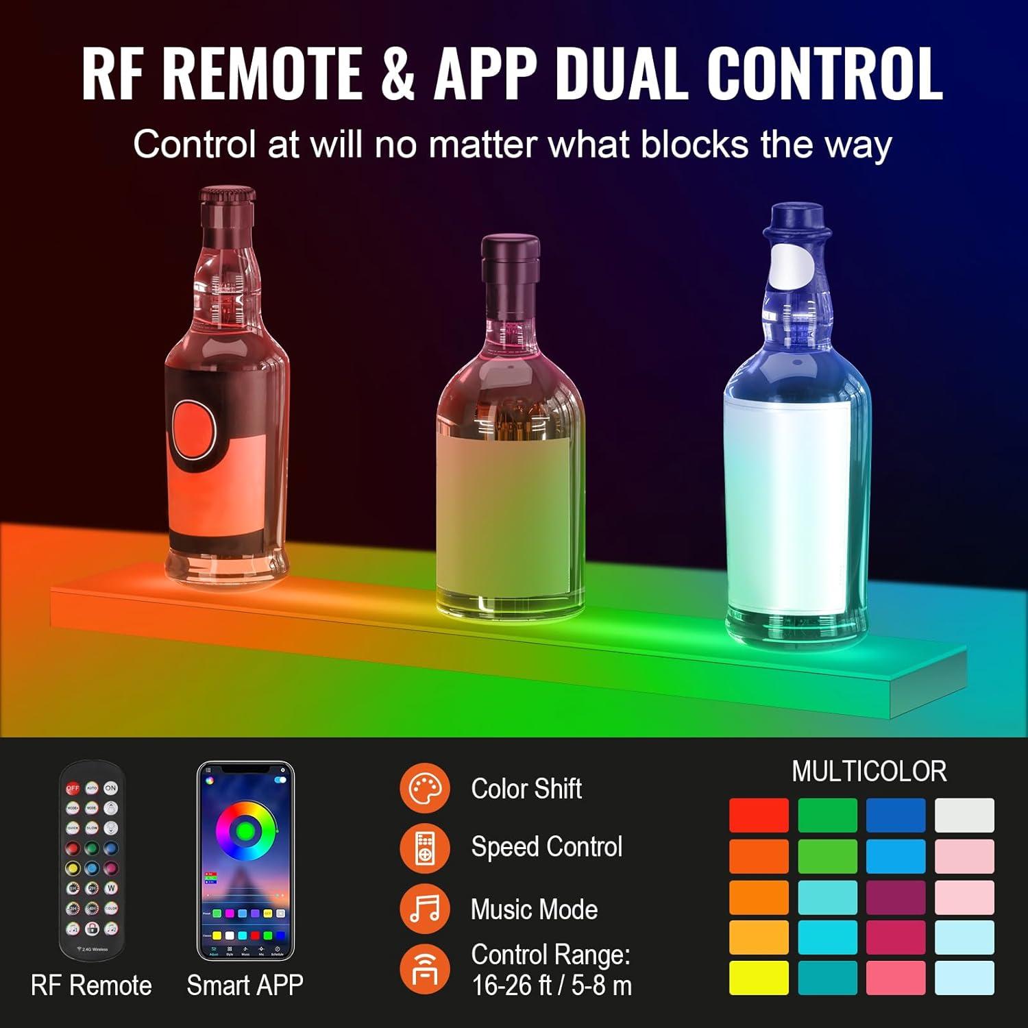 image:imageVEVOR LED Lighted Liquor Bottle Display 3 Tiers 40 Inches Supports USB Illuminated Home Bar Shelf with RF Remote amp App Control 7 Static Colors 14 H Timing Acrylic Lighted Shelf for 30 Bottles1 Tier 24 Inches