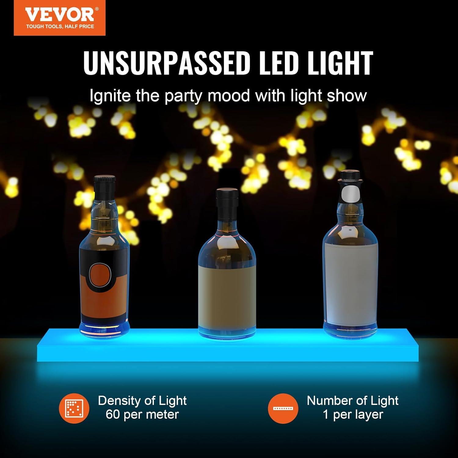 image:imageVEVOR LED Lighted Liquor Bottle Display 3 Tiers 40 Inches Supports USB Illuminated Home Bar Shelf with RF Remote amp App Control 7 Static Colors 14 H Timing Acrylic Lighted Shelf for 30 Bottles1 Tier 24 Inches