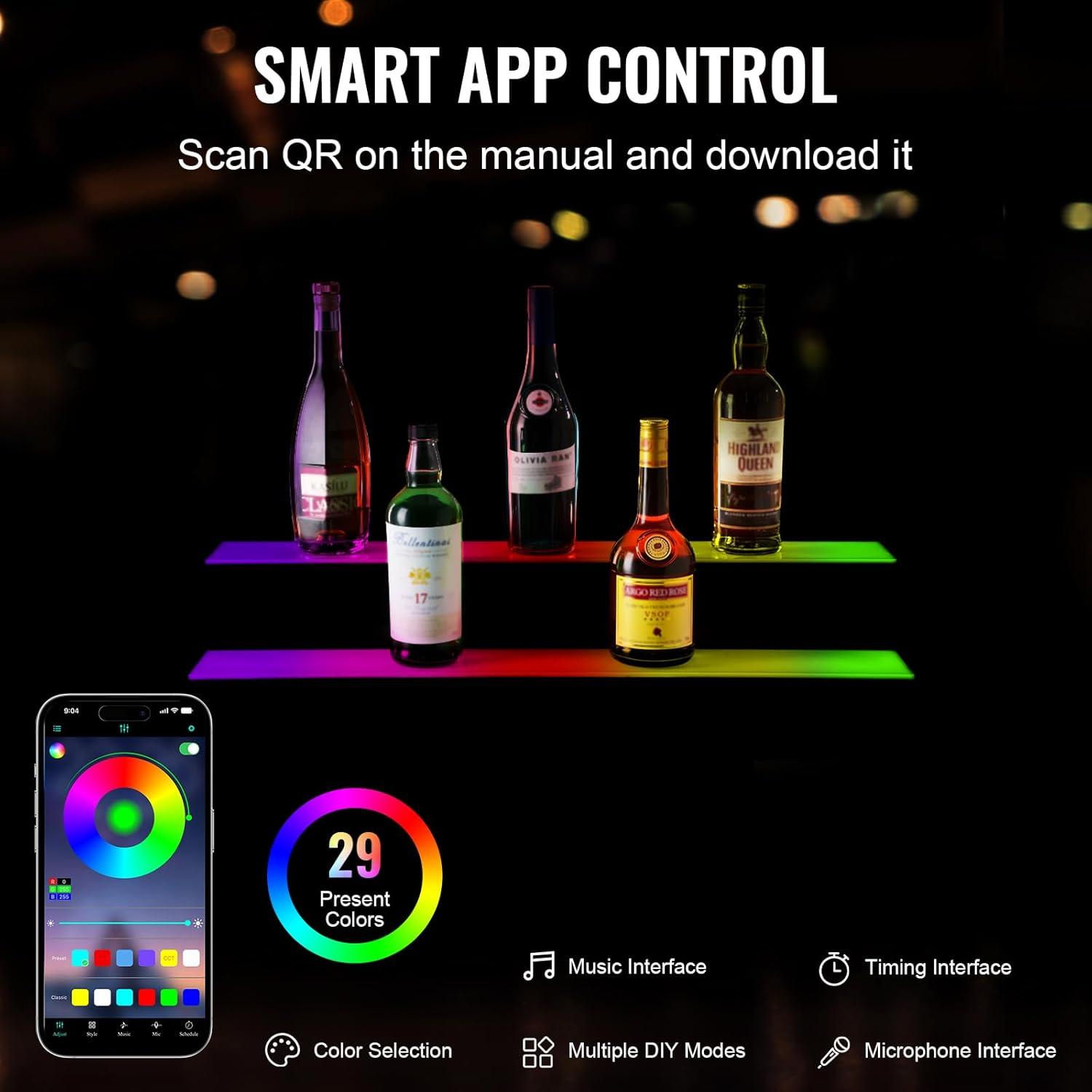 image:imageVEVOR LED Lighted Liquor Bottle Display 3 Tiers 40 Inches Supports USB Illuminated Home Bar Shelf with RF Remote amp App Control 7 Static Colors 14 H Timing Acrylic Lighted Shelf for 30 Bottles2 Tiers 30 Inches