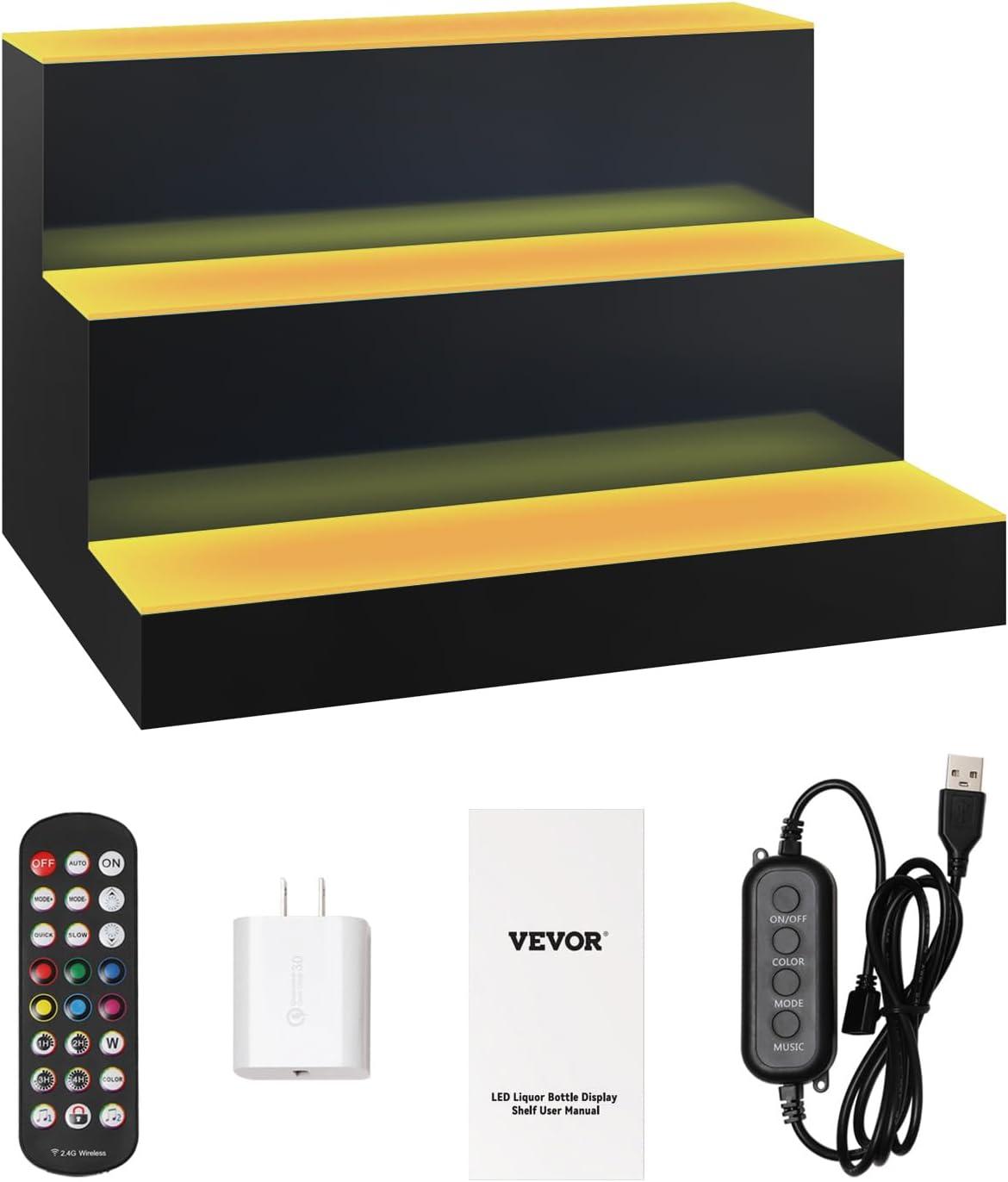 image:imageVEVOR LED Lighted Liquor Bottle Display 3 Tiers 40 Inches Supports USB Illuminated Home Bar Shelf with RF Remote amp App Control 7 Static Colors 14 H Timing Acrylic Lighted Shelf for 30 Bottles3 Tiers 16 Inches