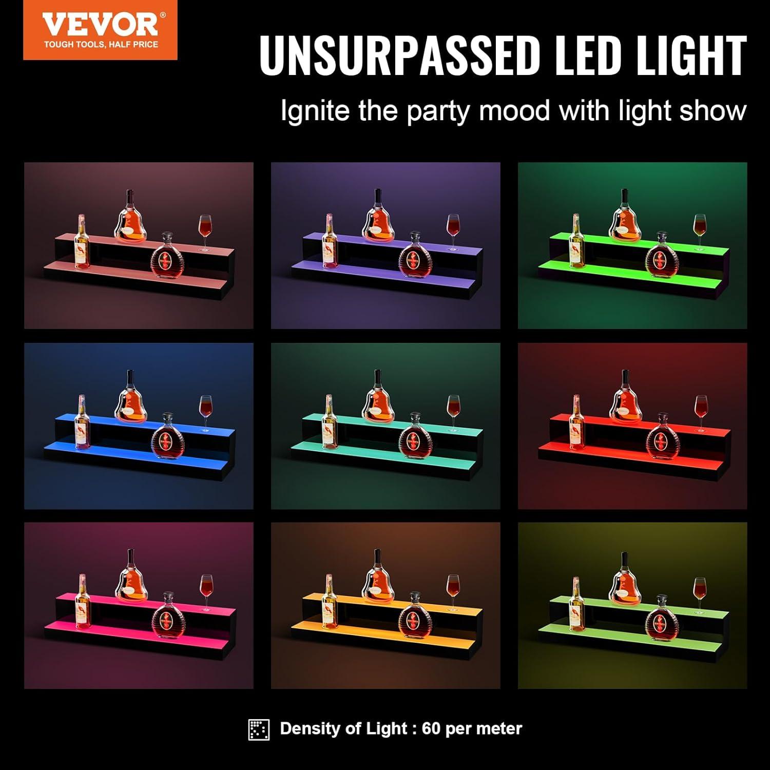image:imageVEVOR LED Lighted Liquor Bottle Display 3 Tiers 40 Inches Supports USB Illuminated Home Bar Shelf with RF Remote amp App Control 7 Static Colors 14 H Timing Acrylic Lighted Shelf for 30 Bottles2 Tiers 30 Inches
