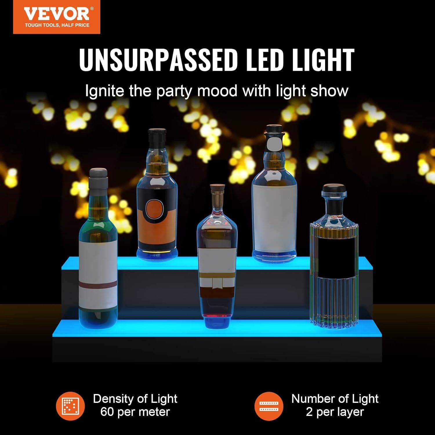image:imageVEVOR LED Lighted Liquor Bottle Display 3 Tiers 40 Inches Supports USB Illuminated Home Bar Shelf with RF Remote amp App Control 7 Static Colors 14 H Timing Acrylic Lighted Shelf for 30 Bottles2 Tiers 24 Inches