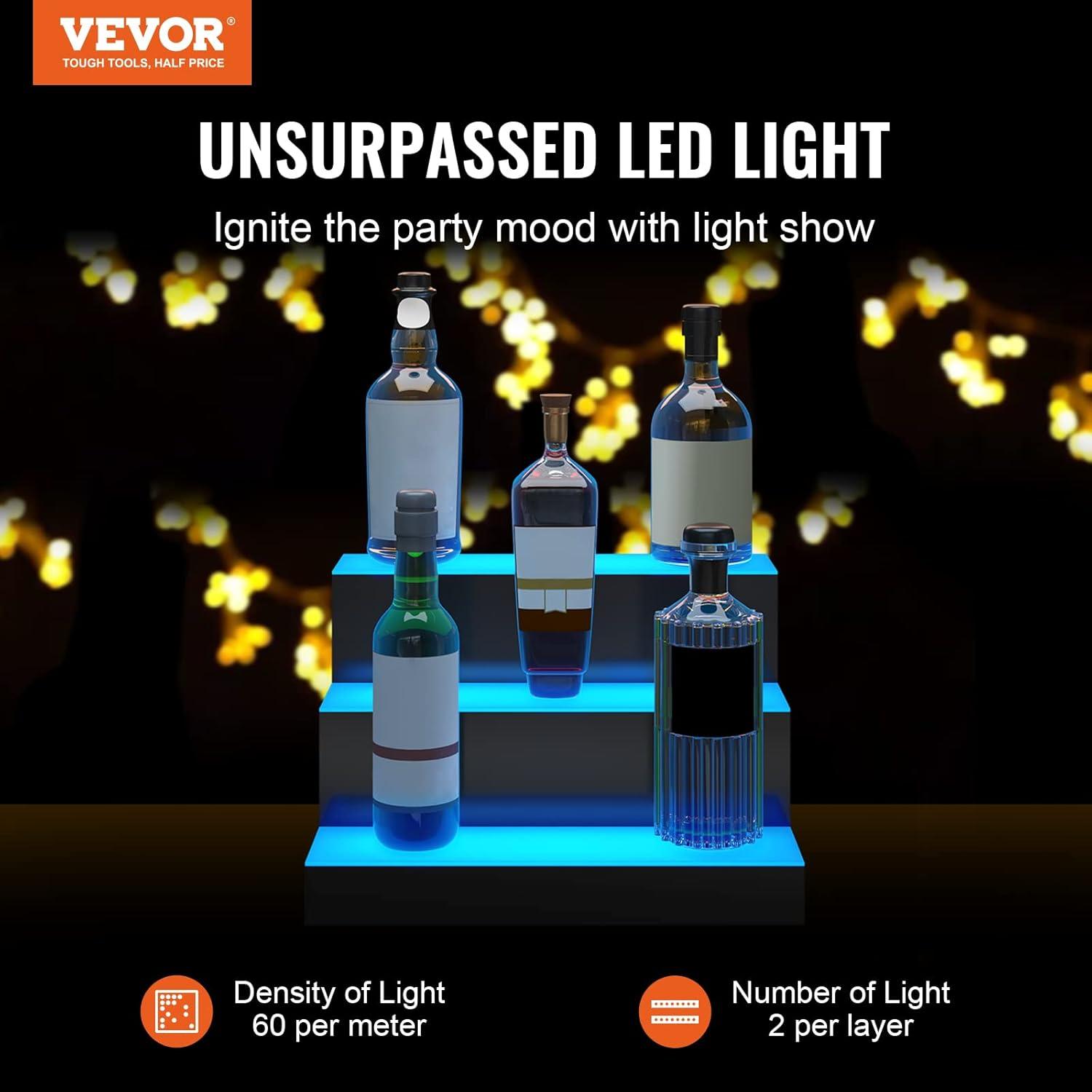 image:imageVEVOR LED Lighted Liquor Bottle Display 3 Tiers 40 Inches Supports USB Illuminated Home Bar Shelf with RF Remote amp App Control 7 Static Colors 14 H Timing Acrylic Lighted Shelf for 30 Bottles3 Tiers 16 Inches