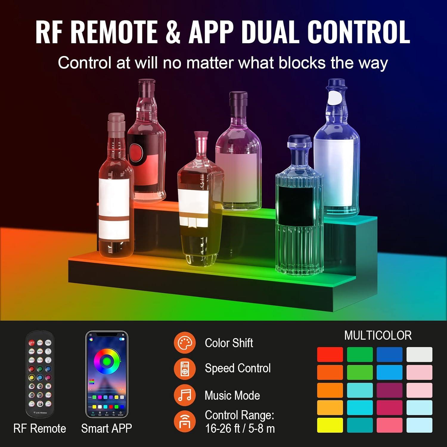 image:imageVEVOR LED Lighted Liquor Bottle Display 3 Tiers 40 Inches Supports USB Illuminated Home Bar Shelf with RF Remote amp App Control 7 Static Colors 14 H Timing Acrylic Lighted Shelf for 30 Bottles2 Tiers 24 Inches