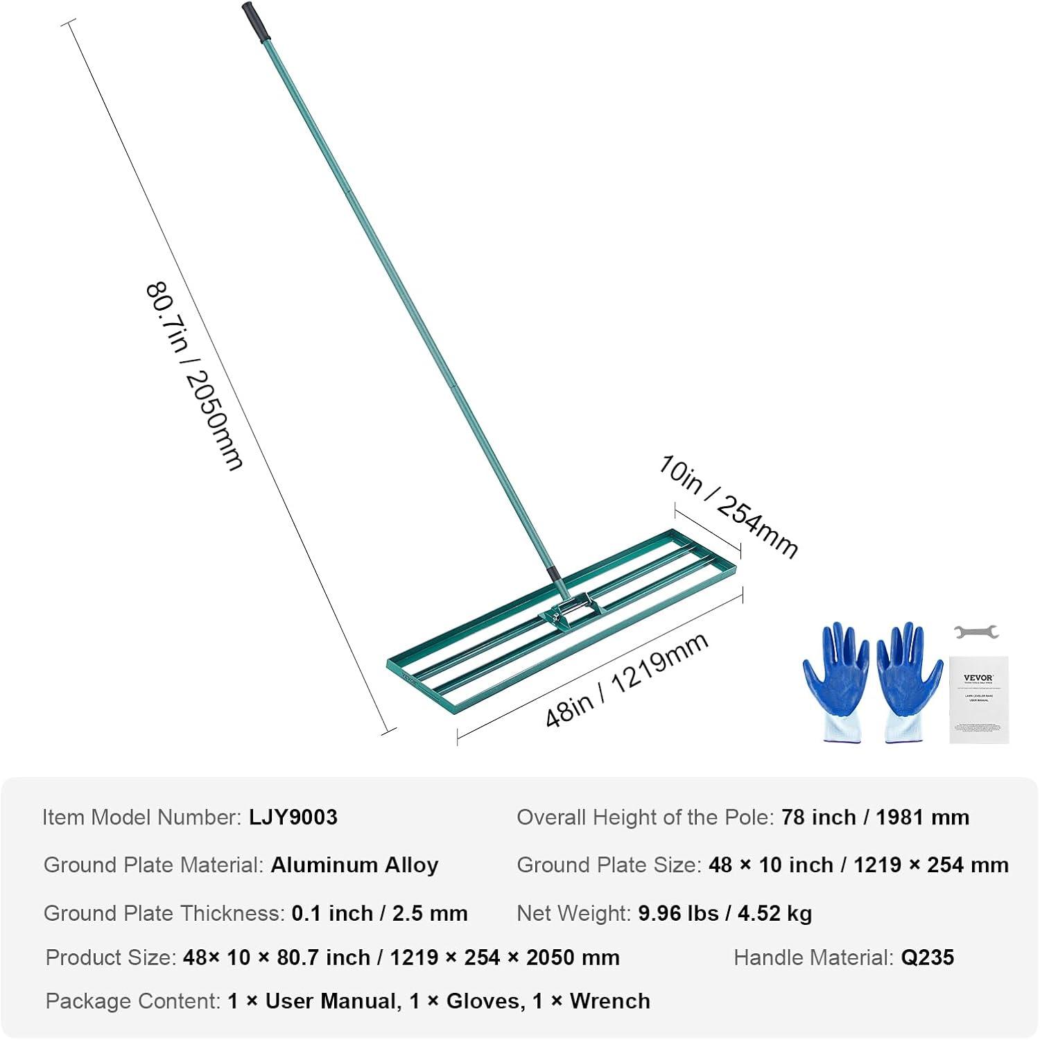 image:imageVEVOR Lawn Leveling Rake 48x10 Level Lawn Tool HeavyDuty Lawn Leveler with 78 Steel Extended Handle Yard Leveling Rake Suit for Garden Golf Lawn Farm Green48x10