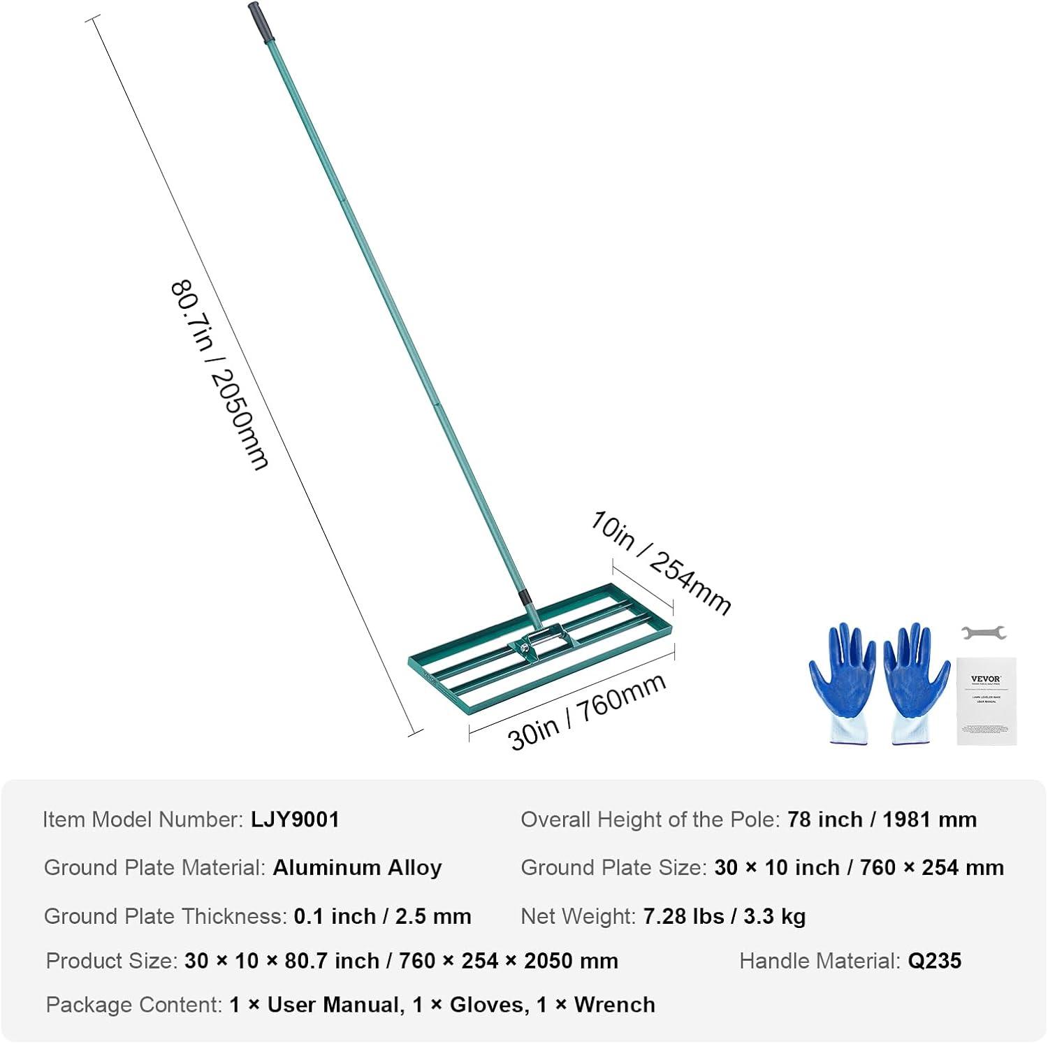 image:imageVEVOR Lawn Leveling Rake 48x10 Level Lawn Tool HeavyDuty Lawn Leveler with 78 Steel Extended Handle Yard Leveling Rake Suit for Garden Golf Lawn Farm Green30x10