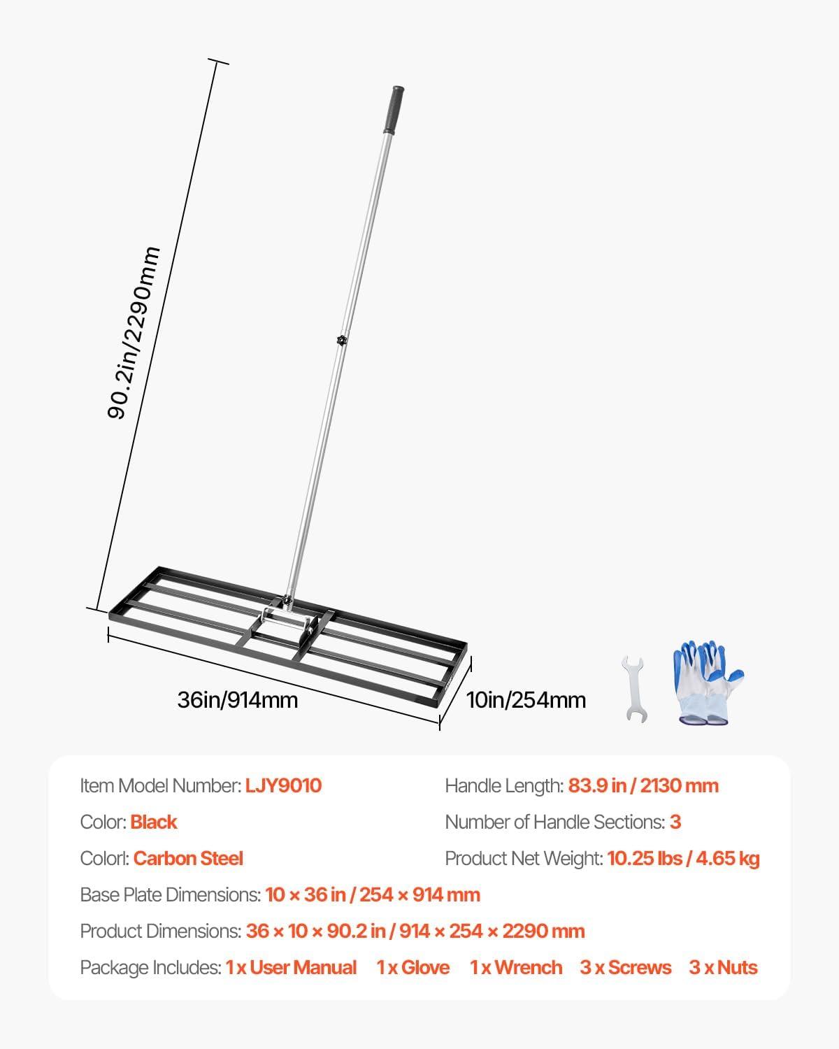 image:imageVEVOR Lawn Leveling Rake 48x10 Level Lawn Tool HeavyDuty Lawn Leveler with 78 Steel Extended Handle Yard Leveling Rake Suit for Garden Golf Lawn Farm Green36x10