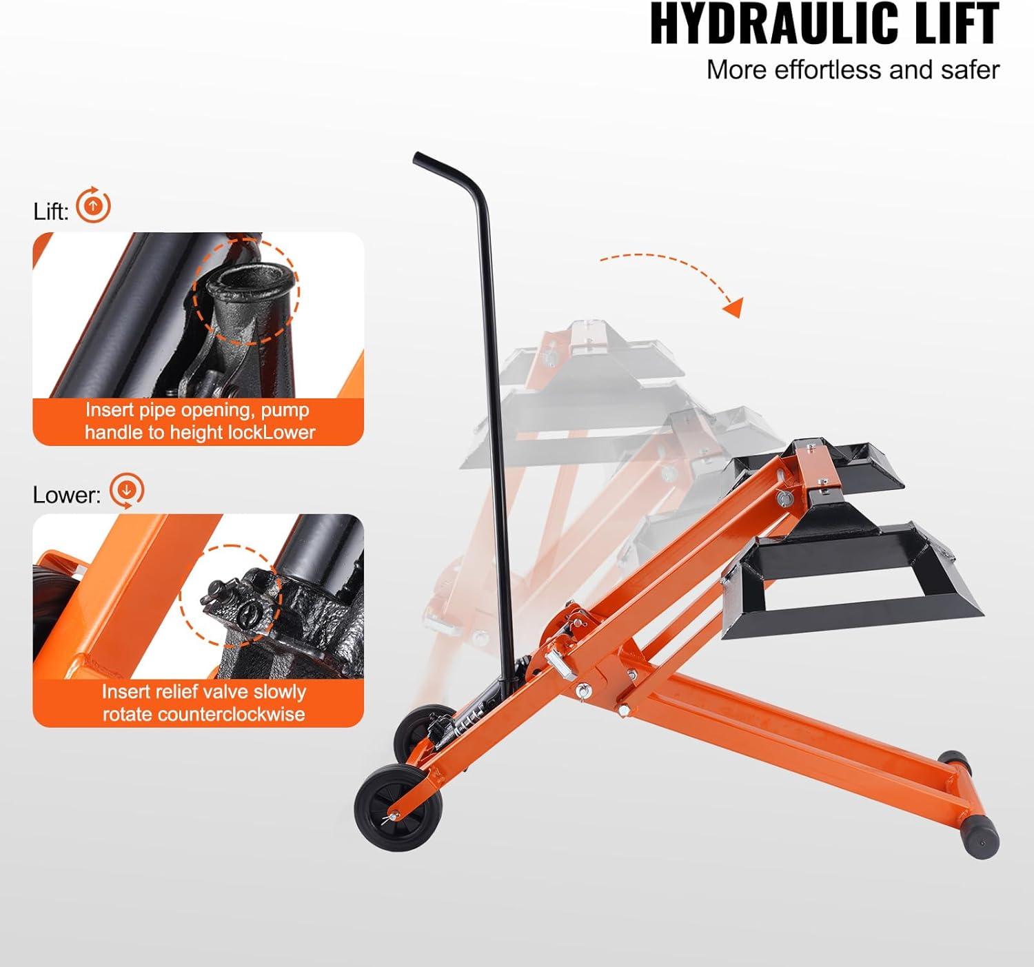 image:imageVEVOR Lawn Mower Lift with Hydraulic Jack 500 Lbs Weight Capacity Solid Carbon Steel Lawn Mower Lift Adjustable Movable Lawn Lifter for Riding Tractors and Zero Turn Lawn Mowers Orange
