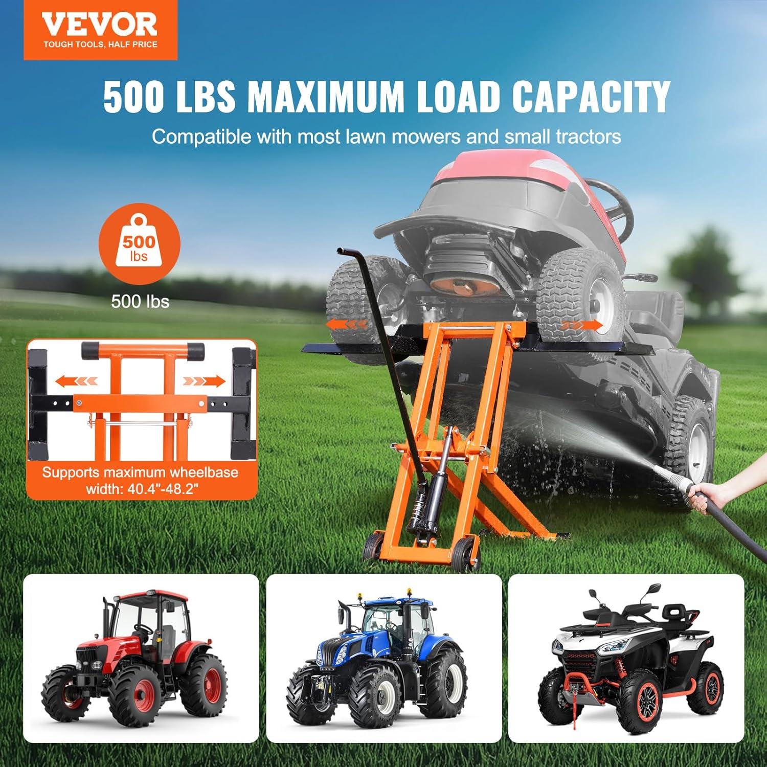 image:imageVEVOR Lawn Mower Lift with Hydraulic Jack 500 Lbs Weight Capacity Solid Carbon Steel Lawn Mower Lift Adjustable Movable Lawn Lifter for Riding Tractors and Zero Turn Lawn Mowers Orange