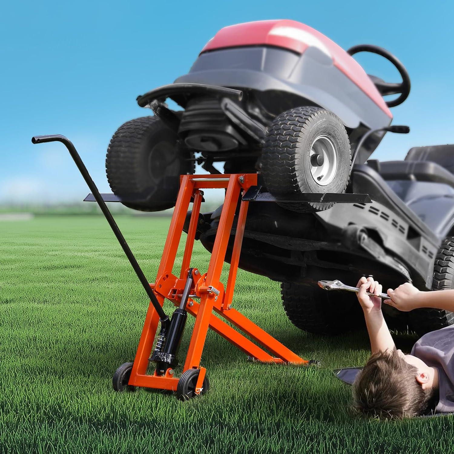 image:imageVEVOR Lawn Mower Lift with Hydraulic Jack 500 Lbs Weight Capacity Solid Carbon Steel Lawn Mower Lift Adjustable Movable Lawn Lifter for Riding Tractors and Zero Turn Lawn Mowers Orange