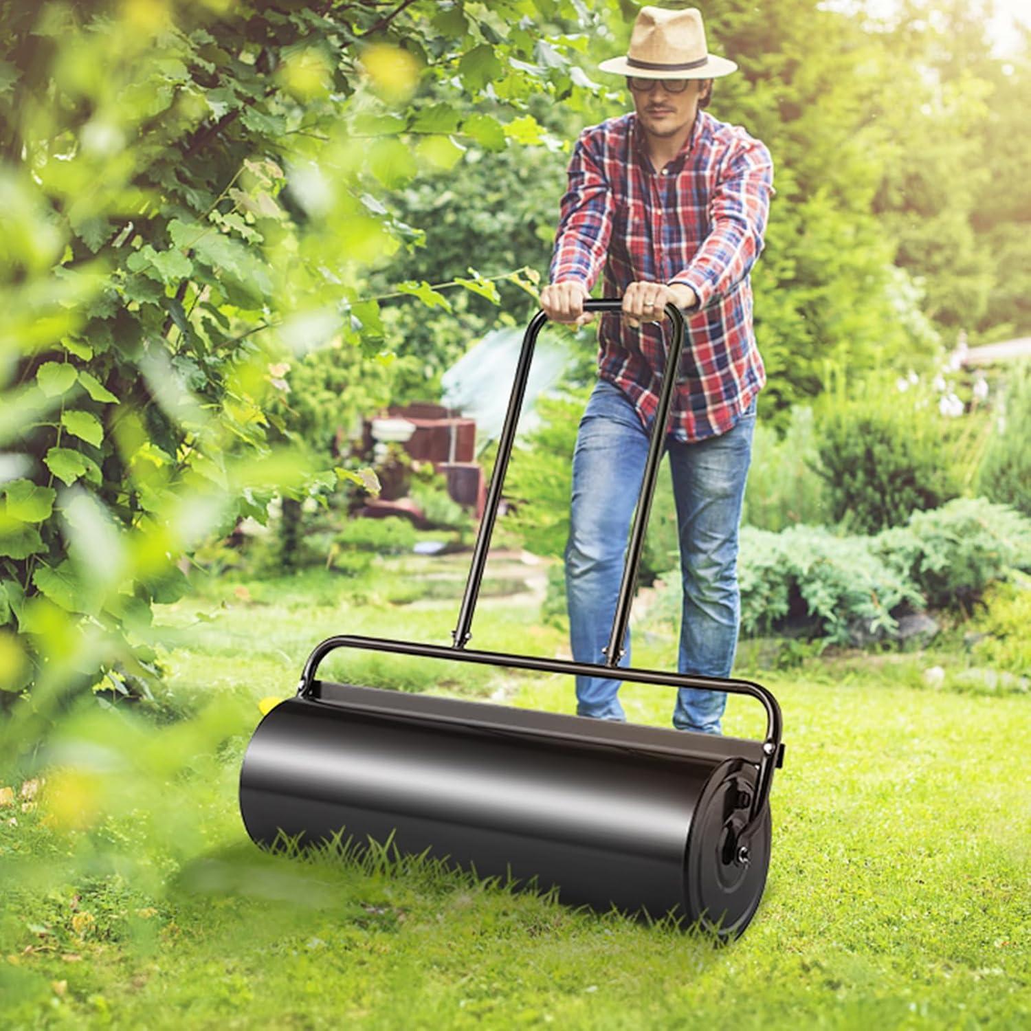 image:imageVEVOR Lawn Roller 61L Sand or Water Filled Yard Roller with EasyTurn Plug and UShaped Ergonomic Handle for Convenient Push and Pull Level and Compress Soil for Lawn Garden Farm Park Black17gal