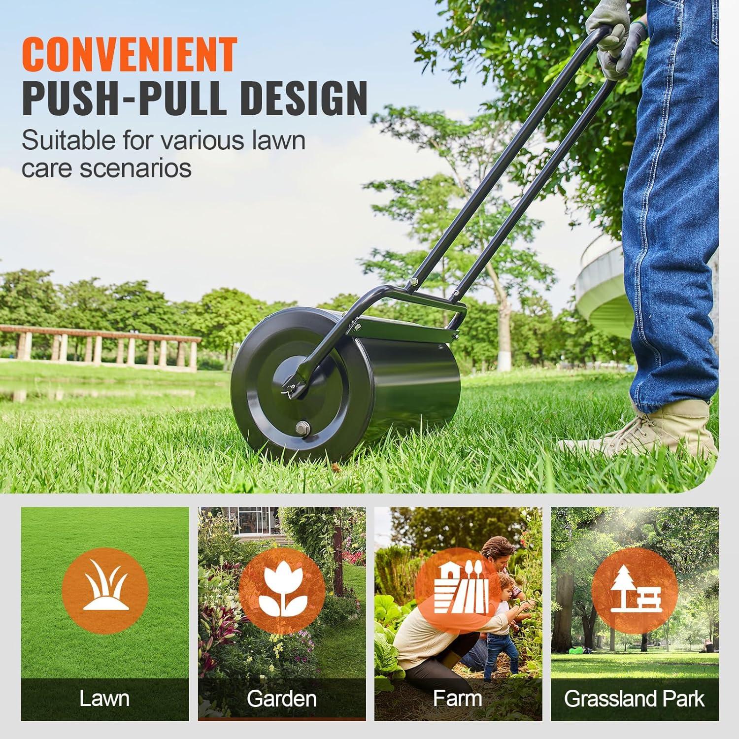 image:imageVEVOR Lawn Roller 61L Sand or Water Filled Yard Roller with EasyTurn Plug and UShaped Ergonomic Handle for Convenient Push and Pull Level and Compress Soil for Lawn Garden Farm Park Black13gal
