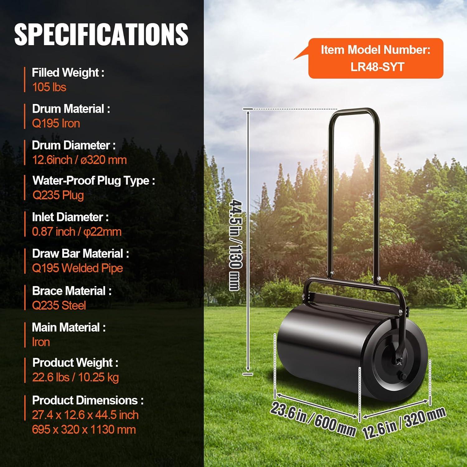 image:imageVEVOR Lawn Roller 61L Sand or Water Filled Yard Roller with EasyTurn Plug and UShaped Ergonomic Handle for Convenient Push and Pull Level and Compress Soil for Lawn Garden Farm Park Black13gal