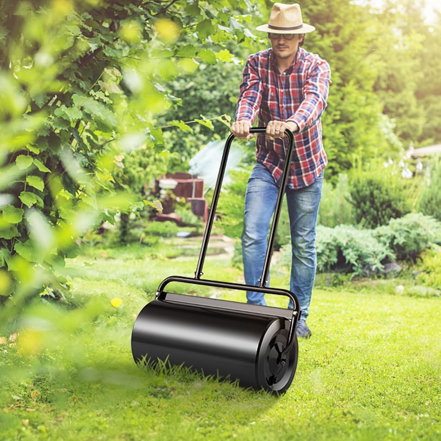 image:imageVEVOR Lawn Roller 61L Sand or Water Filled Yard Roller with EasyTurn Plug and UShaped Ergonomic Handle for Convenient Push and Pull Level and Compress Soil for Lawn Garden Farm Park Black13gal