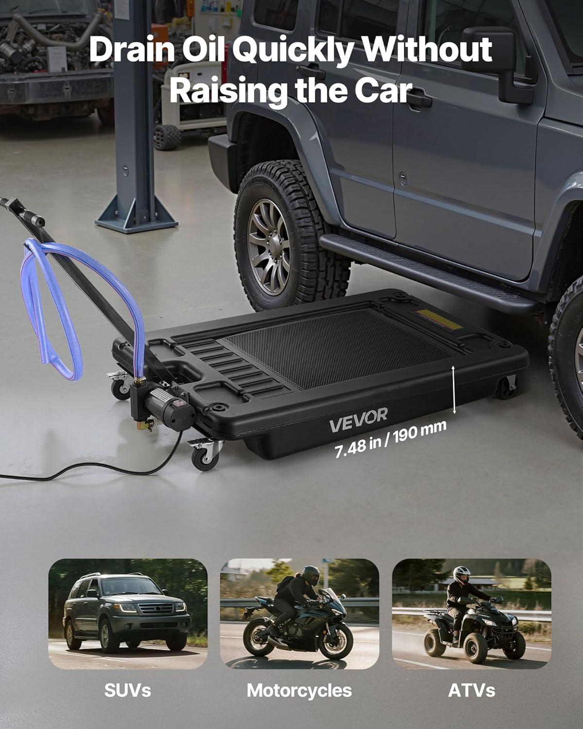 image:imageVEVOR Low Profile Oil Drain Pan 25 Gal Oil Drain Pan with 110V HighFlow Electric Pump Large Capacity Oil Change Pan with 72ft Hose amp Folding Handle Rolling Oil Drain Cart for Trucks Buses RVs17 Gallon