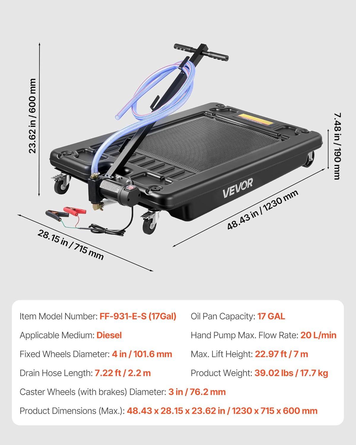 image:imageVEVOR Low Profile Oil Drain Pan 25 Gal Oil Drain Pan with 110V HighFlow Electric Pump Large Capacity Oil Change Pan with 72ft Hose amp Folding Handle Rolling Oil Drain Cart for Trucks Buses RVs17 Gallon