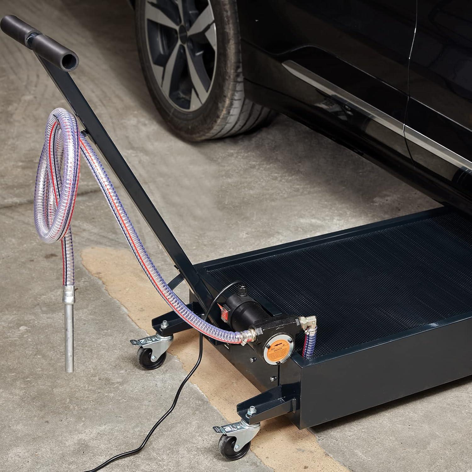 image:imageVEVOR Low Profile Oil Drain Pan 25 Gal Oil Drain Pan with 110V HighFlow Electric Pump Large Capacity Oil Change Pan with 72ft Hose amp Folding Handle Rolling Oil Drain Cart for Trucks Buses RVs20 Gallon