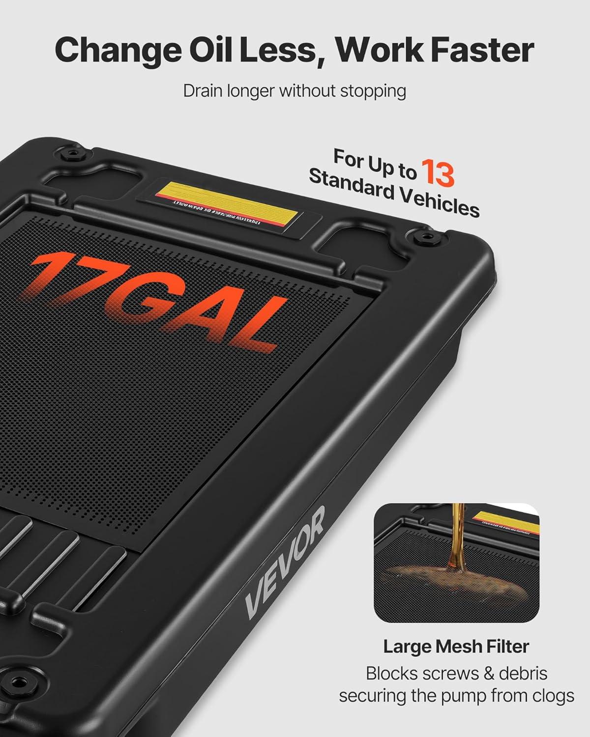 image:imageVEVOR Low Profile Oil Drain Pan 25 Gal Oil Drain Pan with 110V HighFlow Electric Pump Large Capacity Oil Change Pan with 72ft Hose amp Folding Handle Rolling Oil Drain Cart for Trucks Buses RVs17 Gallon
