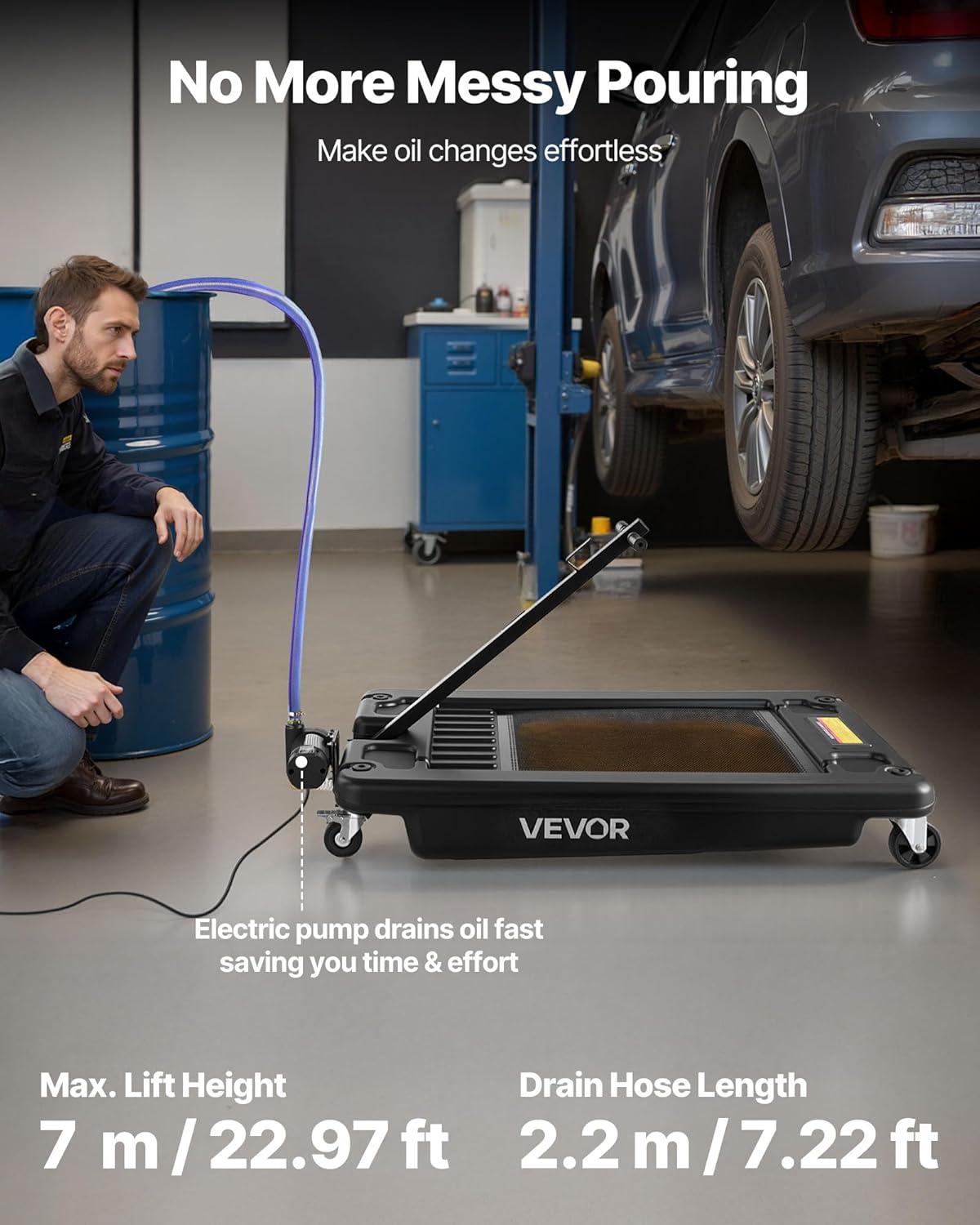 image:imageVEVOR Low Profile Oil Drain Pan 25 Gal Oil Drain Pan with 110V HighFlow Electric Pump Large Capacity Oil Change Pan with 72ft Hose amp Folding Handle Rolling Oil Drain Cart for Trucks Buses RVs17 Gallon