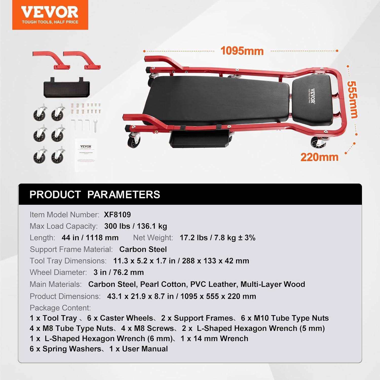 image:imageVEVOR Mechanic Garage Creeper 44Inch 300 lbs Capacity Automotive Rolling Creeper with 6 Casters Adjustable Cushioned Headrest Tool Tray Heavy Duty Steel Frame for Garages Repair Shops and DIY44 inch