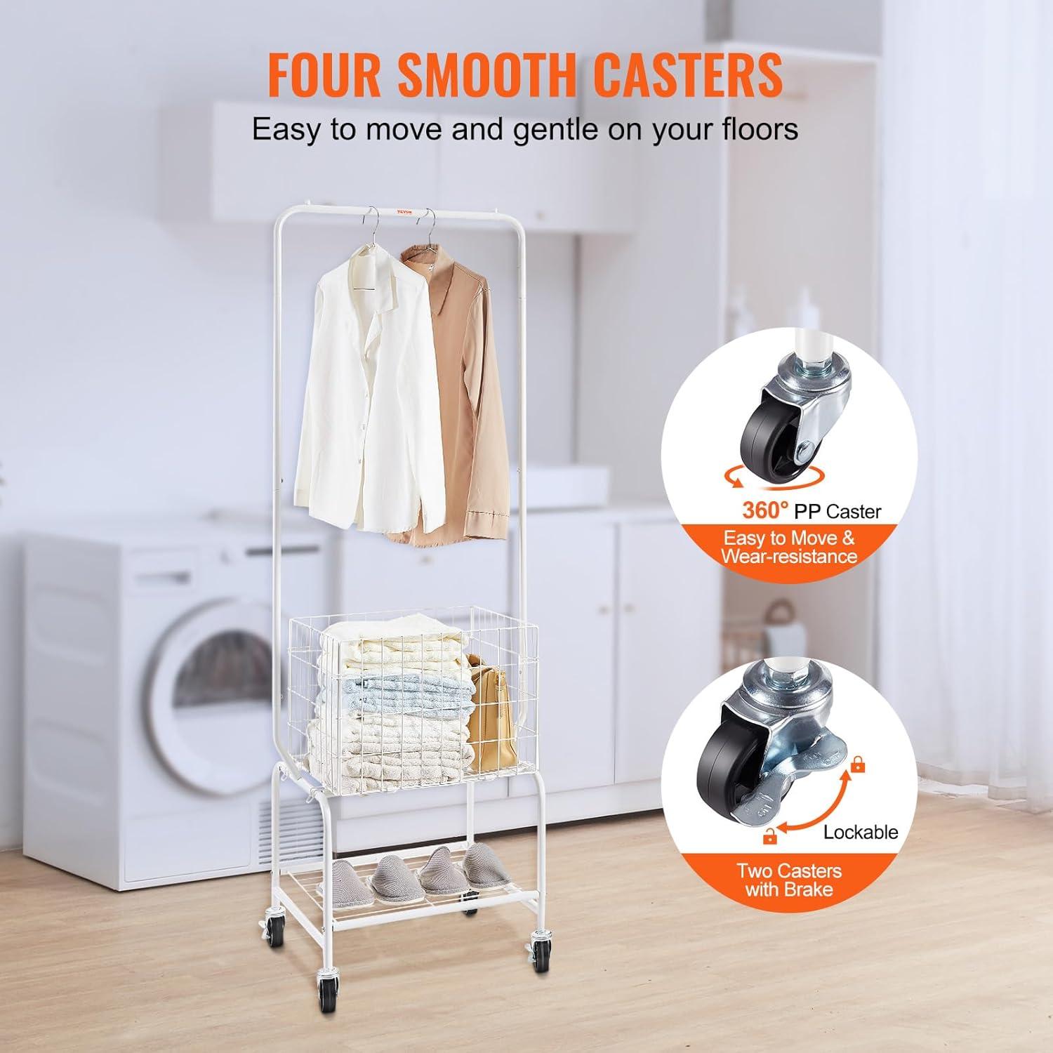 image:imageVEVOR Metal Rolling Laundry Basket with Hanging Garment Rack Laundry Hamper Cart Adjustable Height with Basket Load and Shelf Load Storage Organizer with Heavy Duty Lockable WheelsWhite