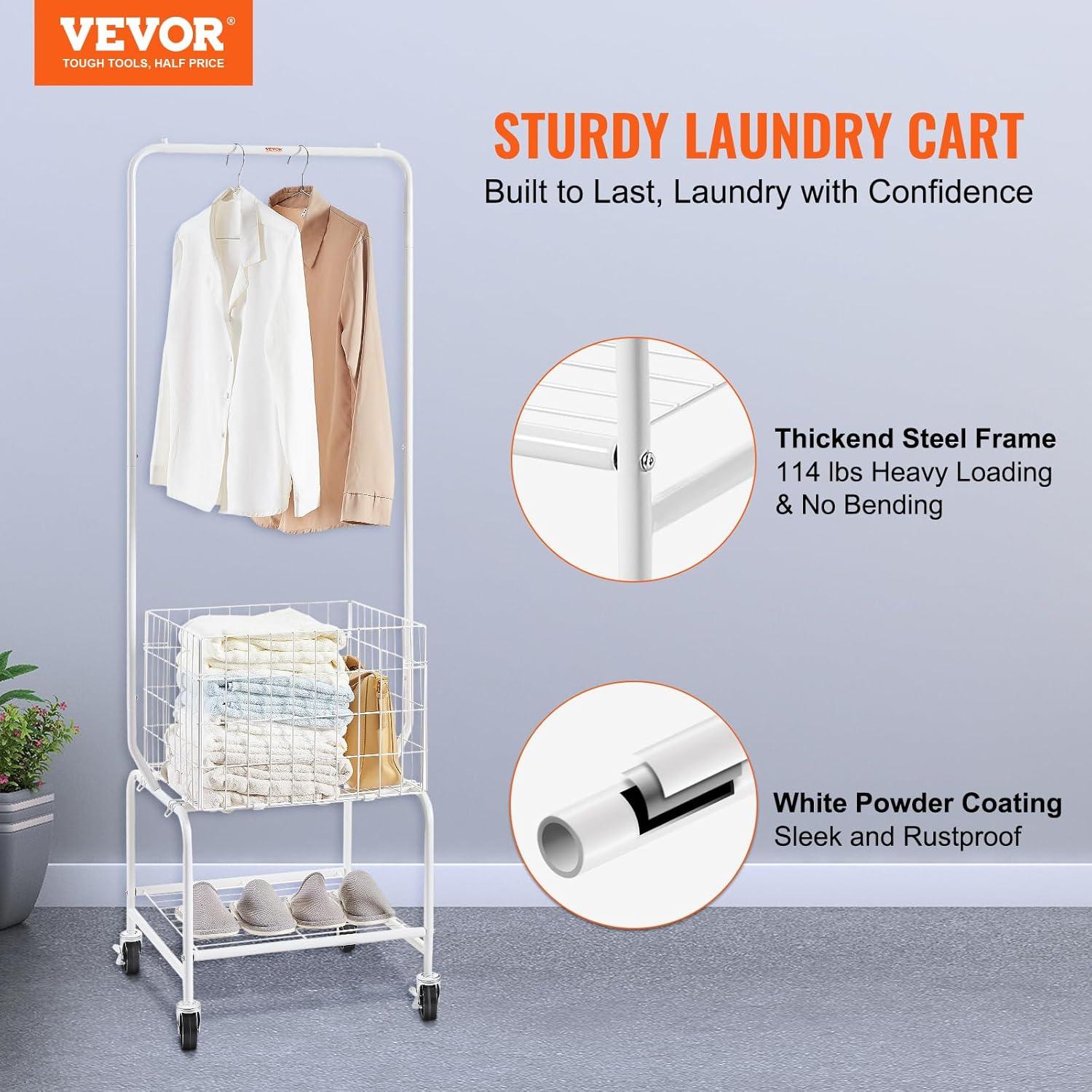 image:imageVEVOR Metal Rolling Laundry Basket with Hanging Garment Rack Laundry Hamper Cart Adjustable Height with Basket Load and Shelf Load Storage Organizer with Heavy Duty Lockable WheelsWhite