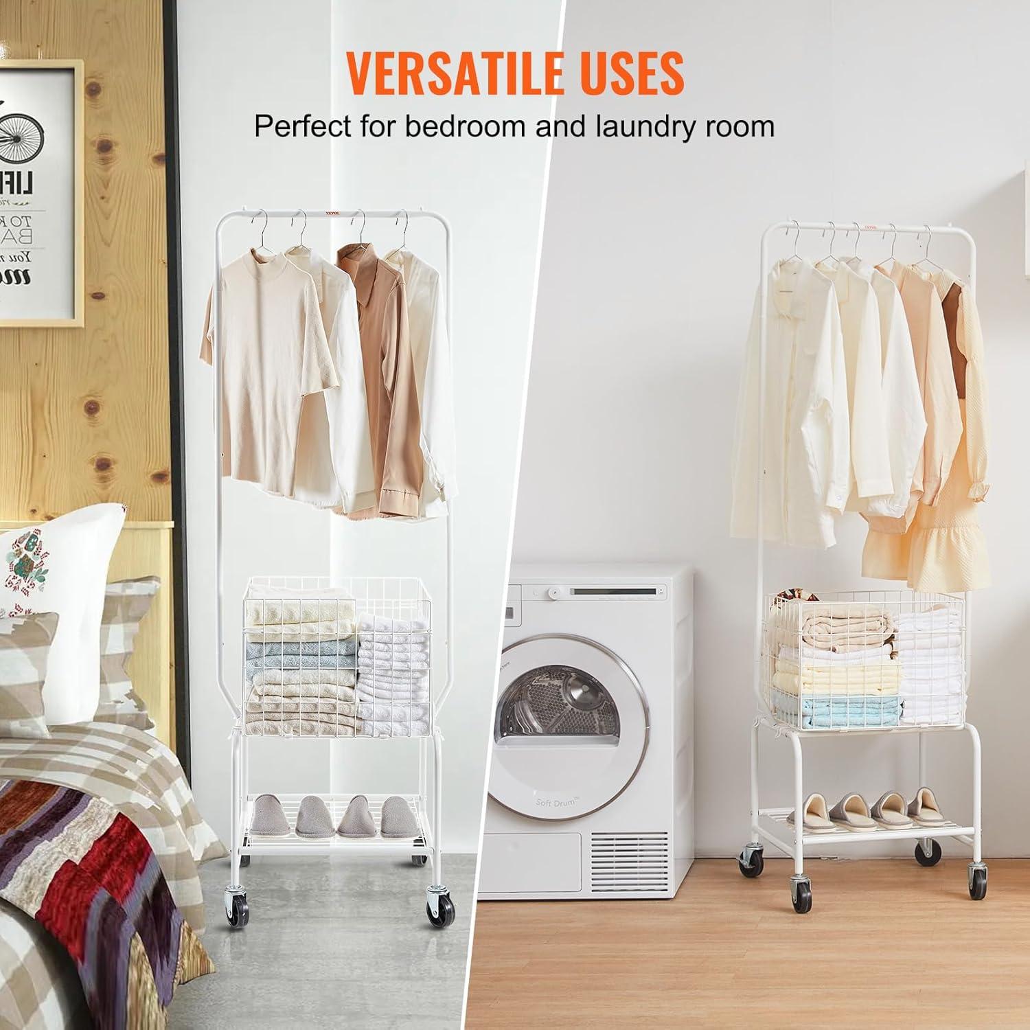 image:imageVEVOR Metal Rolling Laundry Basket with Hanging Garment Rack Laundry Hamper Cart Adjustable Height with Basket Load and Shelf Load Storage Organizer with Heavy Duty Lockable WheelsWhite