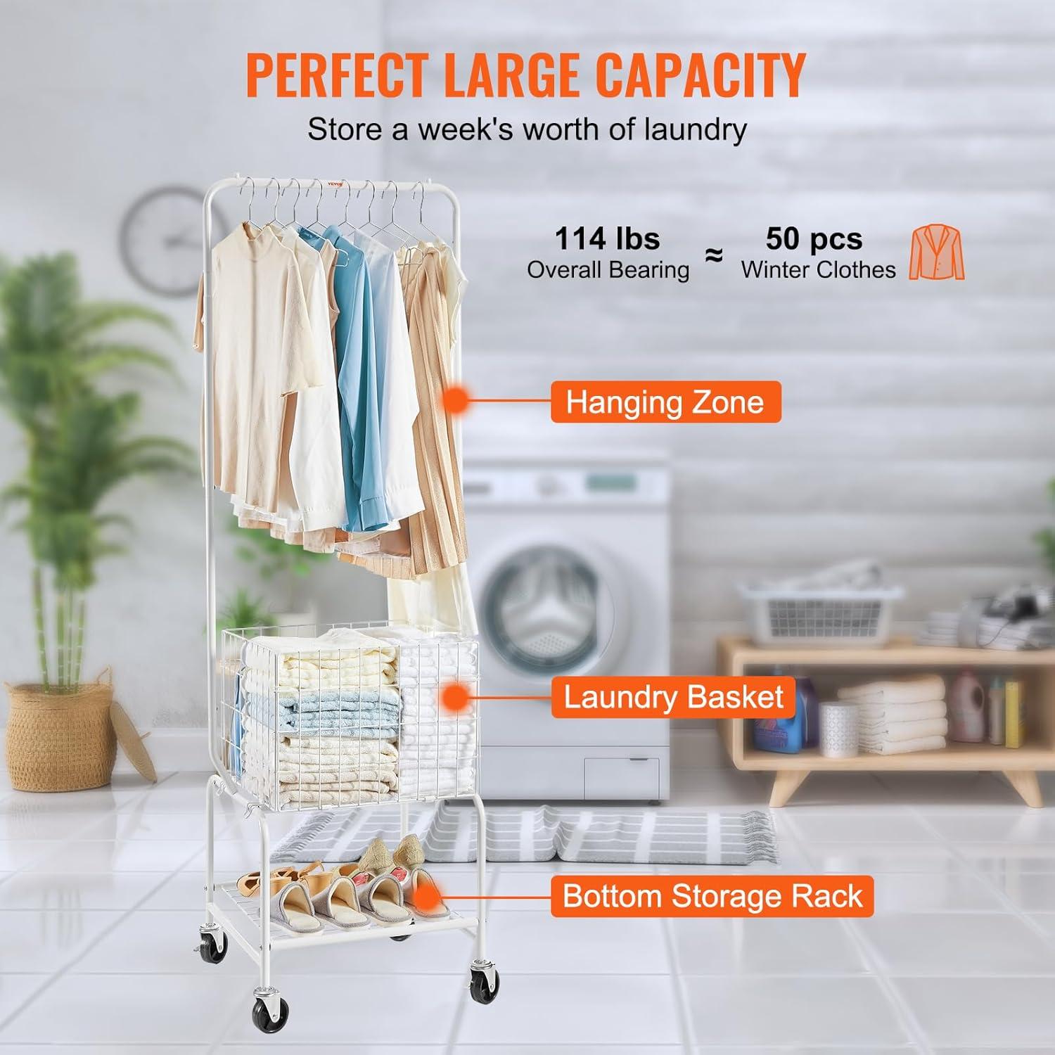 image:imageVEVOR Metal Rolling Laundry Basket with Hanging Garment Rack Laundry Hamper Cart Adjustable Height with Basket Load and Shelf Load Storage Organizer with Heavy Duty Lockable WheelsWhite