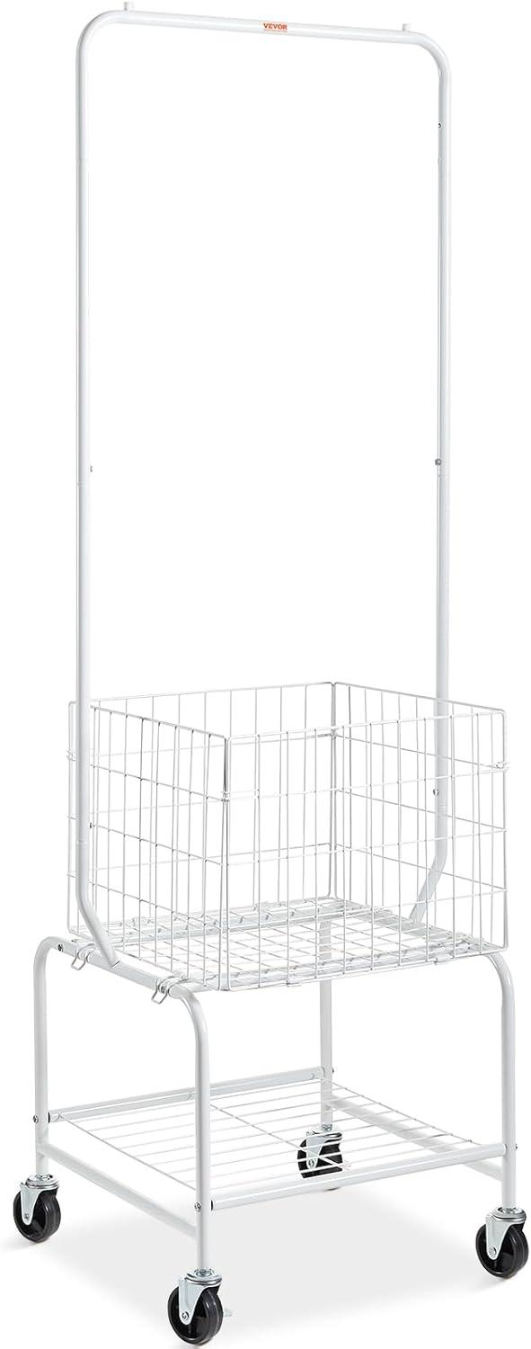 image:imageVEVOR Metal Rolling Laundry Basket with Hanging Garment Rack Laundry Hamper Cart Adjustable Height with Basket Load and Shelf Load Storage Organizer with Heavy Duty Lockable WheelsWhite
