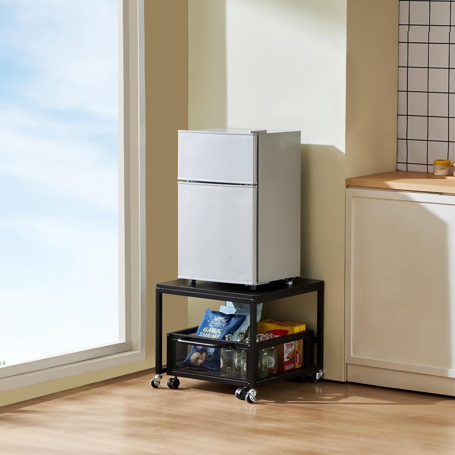 image:imageVEVOR Mini Fridge Stand with Storage 176 lbCapacity Mini Fridge Table with 2 Drawers amp 4 Swivel Wheels Mobile Mini Fridge Shelf Black Mini Fridge Organizer for Dorm Apartment Office BedroomBlack