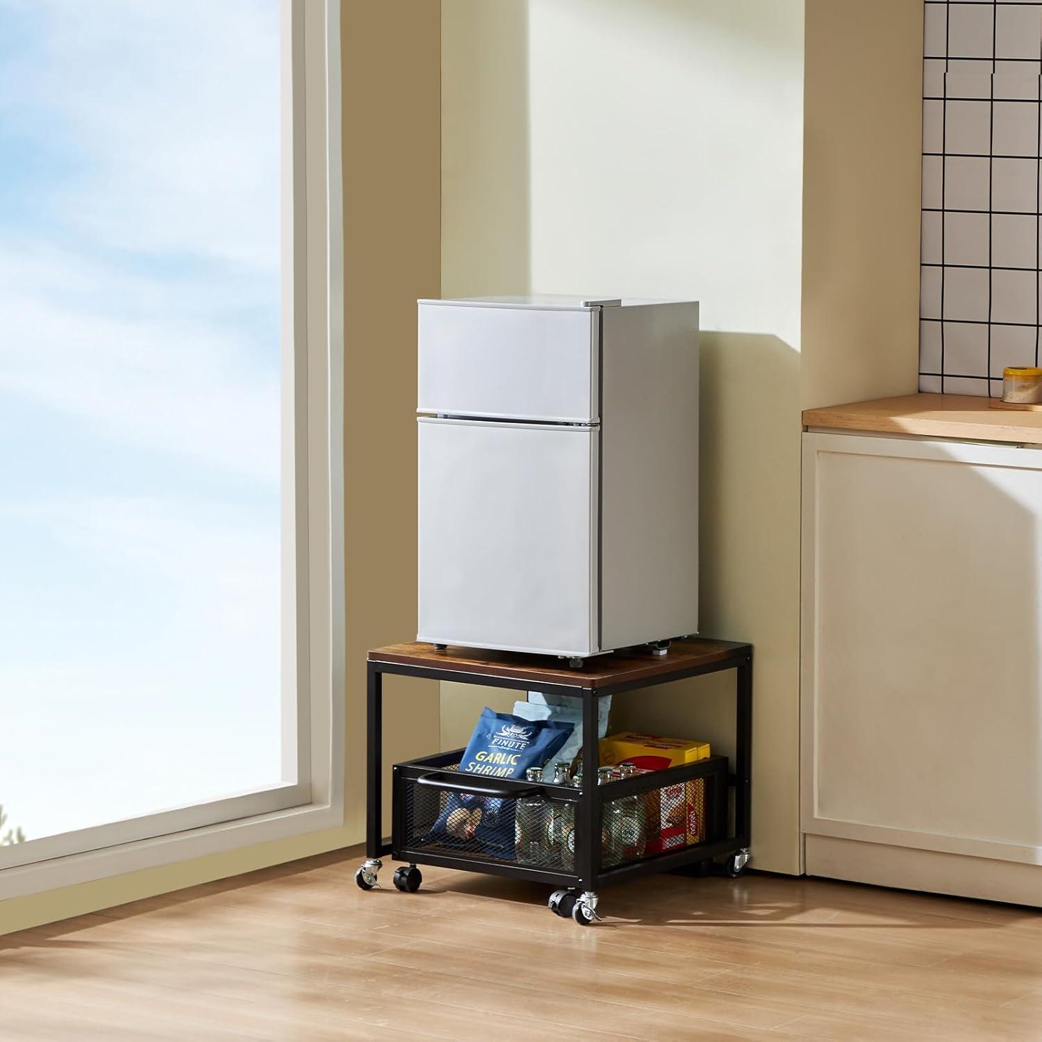 image:imageVEVOR Mini Fridge Stand with Storage 176 lbCapacity Mini Fridge Table with 2 Drawers amp 4 Swivel Wheels Mobile Mini Fridge Shelf Black Mini Fridge Organizer for Dorm Apartment Office BedroomLight Brown