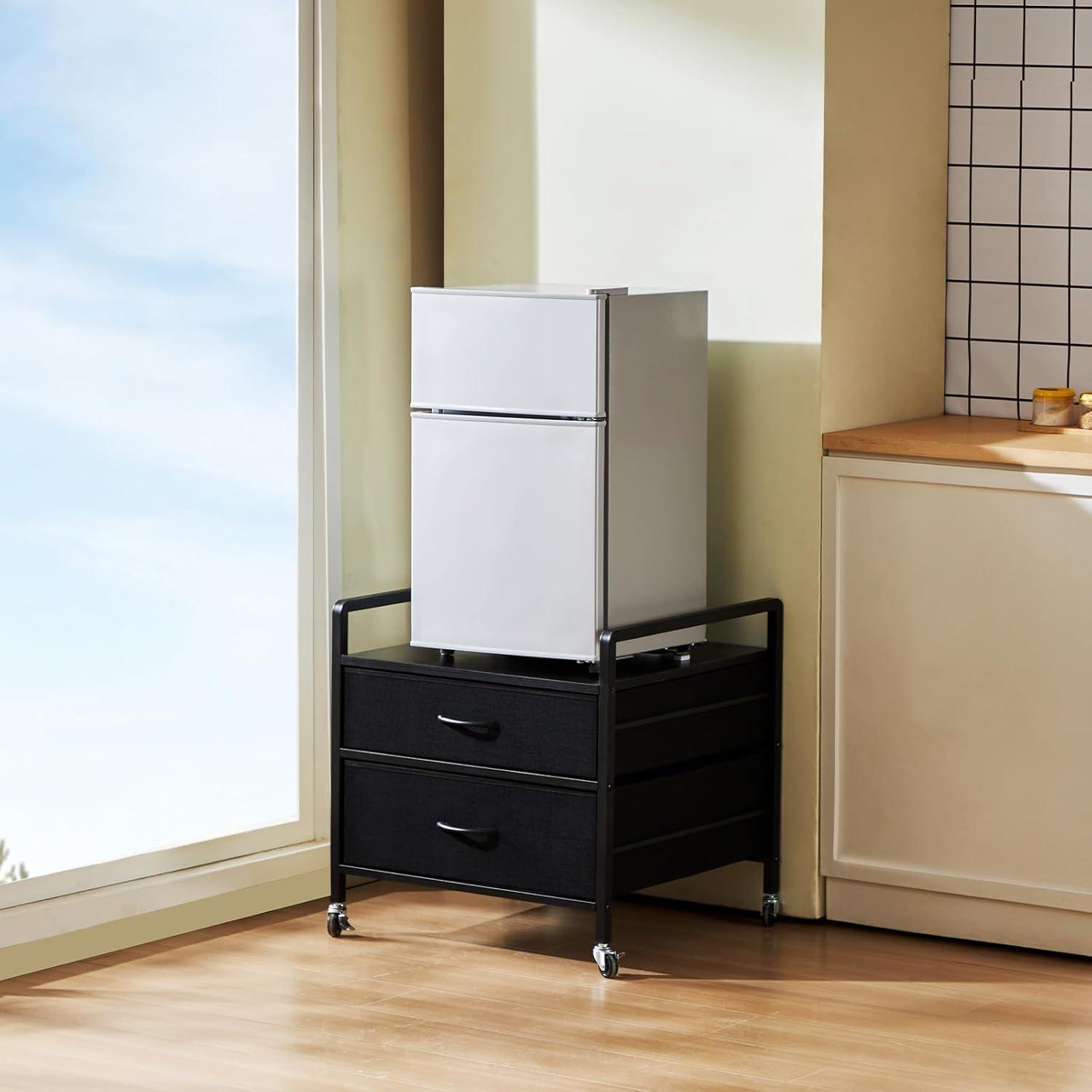 image:imageVEVOR Mini Fridge Stand with Storage 176 lbCapacity Mini Fridge Table with 2 Drawers amp 4 Swivel Wheels Mobile Mini Fridge Shelf Black Mini Fridge Organizer for Dorm Apartment Office BedroomBlack